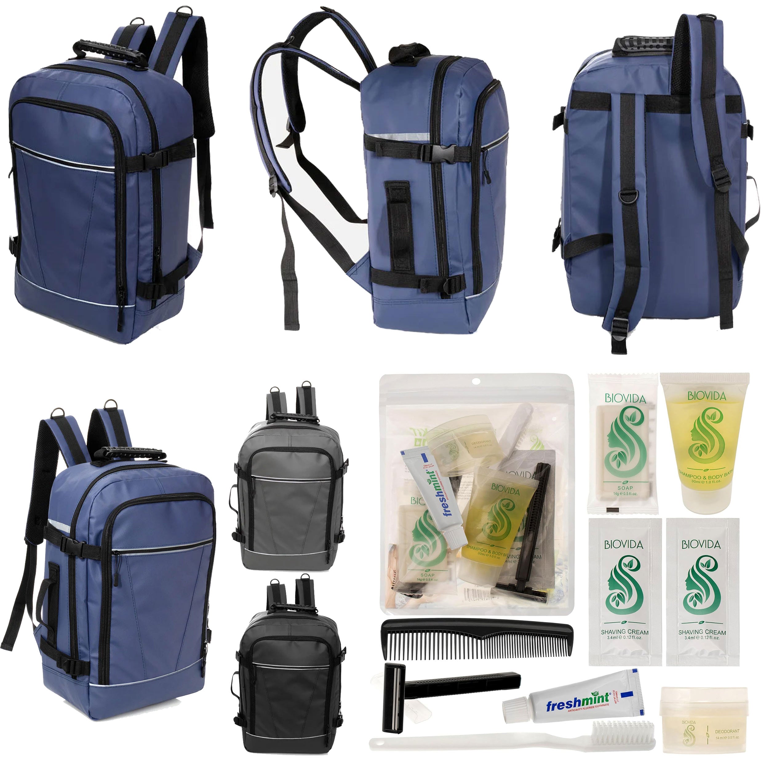 12 Deluxe 18" Travel Backpacks in 3 Colors & Your Choice of 12 Bulk Hygiene Kits - Wholesale Care Package: Homeless, Emergency, Charity