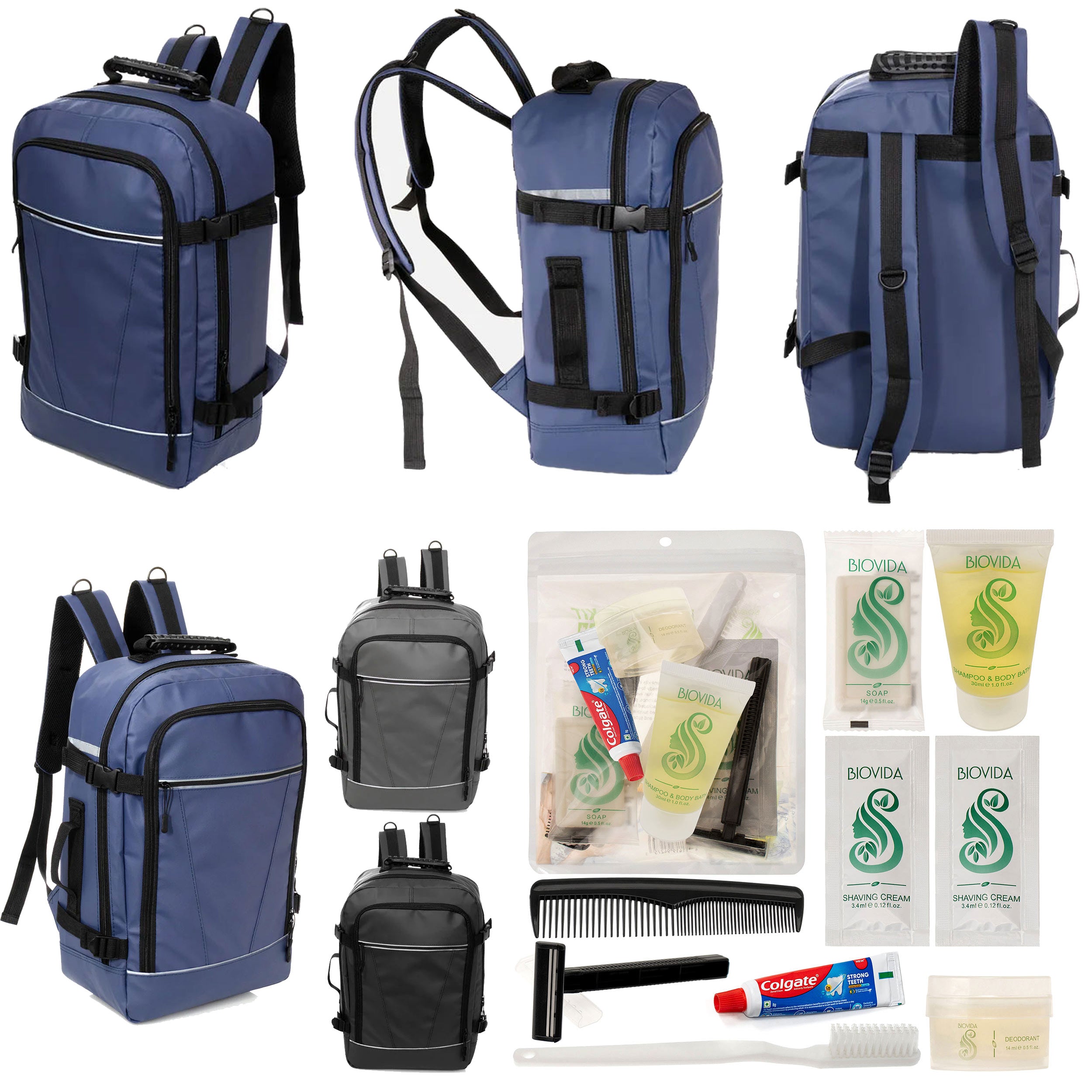 12 Deluxe 18" Travel Backpacks in 3 Colors & Your Choice of 12 Bulk Hygiene Kits - Wholesale Care Package: Homeless, Emergency, Charity