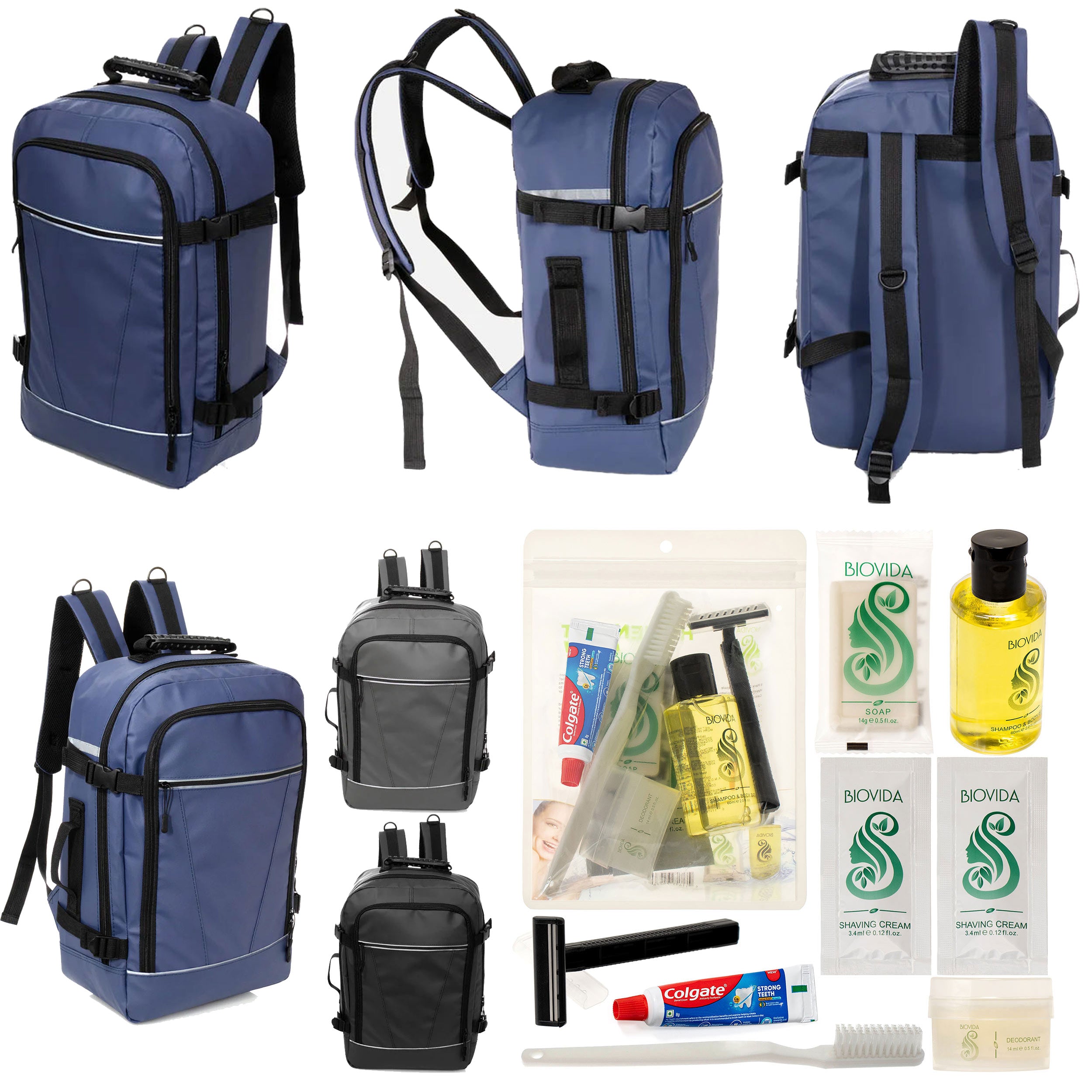 12 Deluxe 18" Travel Backpacks in 3 Colors & Your Choice of 12 Bulk Hygiene Kits - Wholesale Care Package: Homeless, Emergency, Charity
