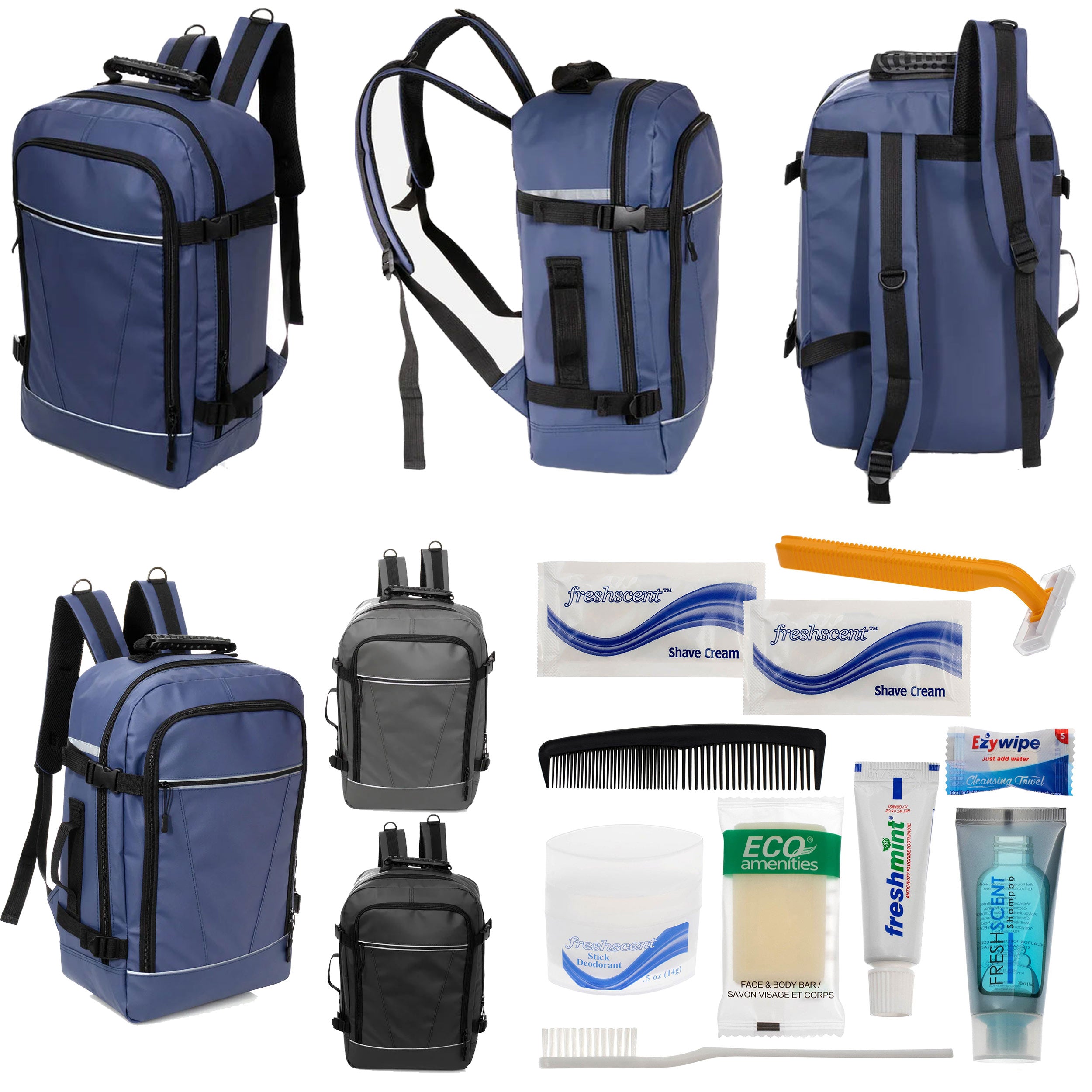 12 Deluxe 18" Travel Backpacks in 3 Colors & Your Choice of 12 Bulk Hygiene Kits - Wholesale Care Package: Homeless, Emergency, Charity