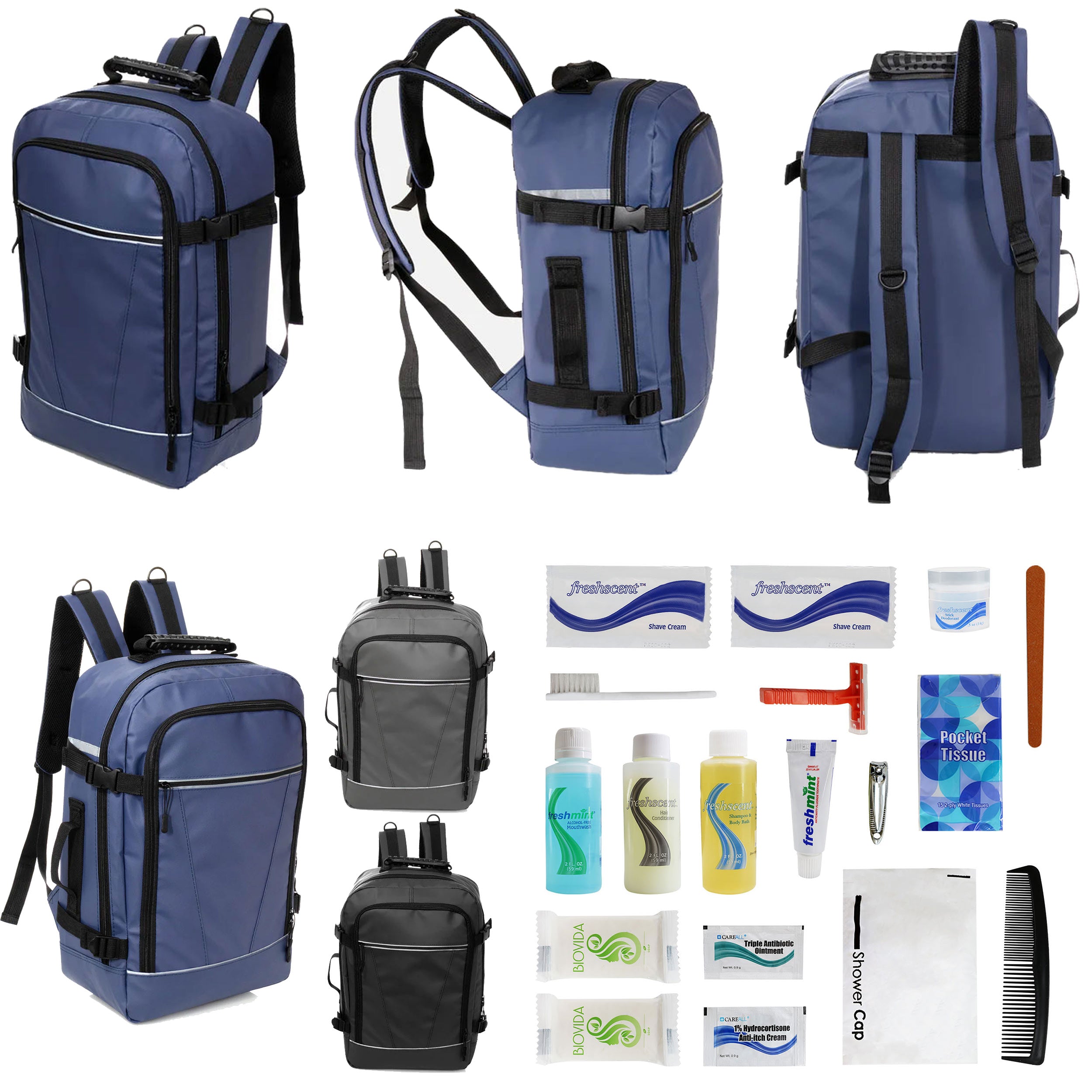 12 Deluxe 18" Travel Backpacks in 3 Colors & Your Choice of 12 Bulk Hygiene Kits - Wholesale Care Package: Homeless, Emergency, Charity