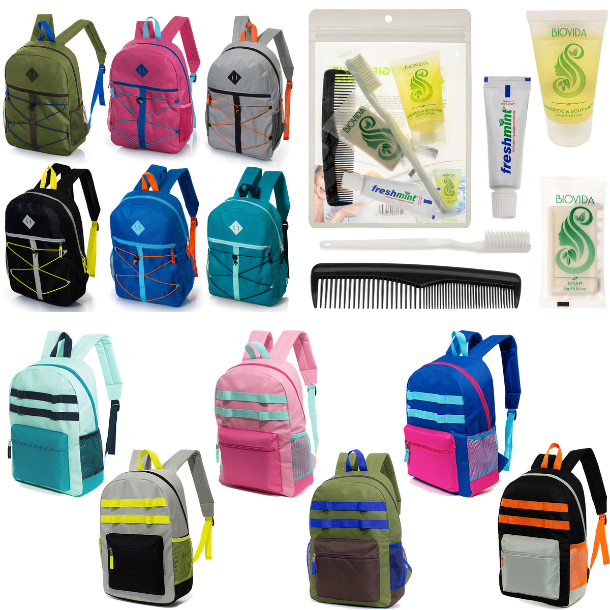 12 Bungee & Daisy Chain 17" Backpacks & Your Choice of 12 Bulk Hygiene Kits - Wholesale Care Package: Homeless, Emergency, Charity