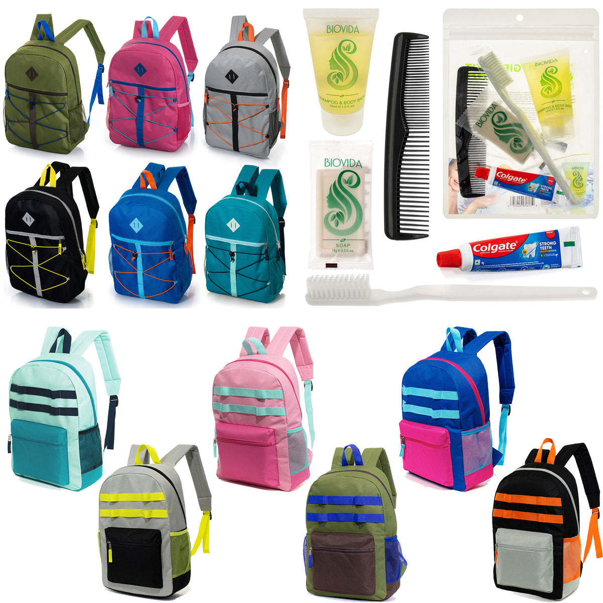 12 Bungee & Daisy Chain 17" Backpacks & Your Choice of 12 Bulk Hygiene Kits - Wholesale Care Package: Homeless, Emergency, Charity