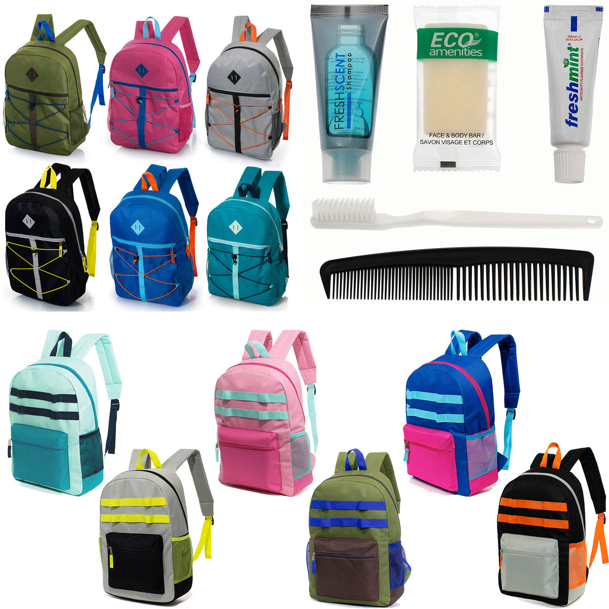 12 Bungee & Daisy Chain 17" Backpacks & Your Choice of 12 Bulk Hygiene Kits - Wholesale Care Package: Homeless, Emergency, Charity