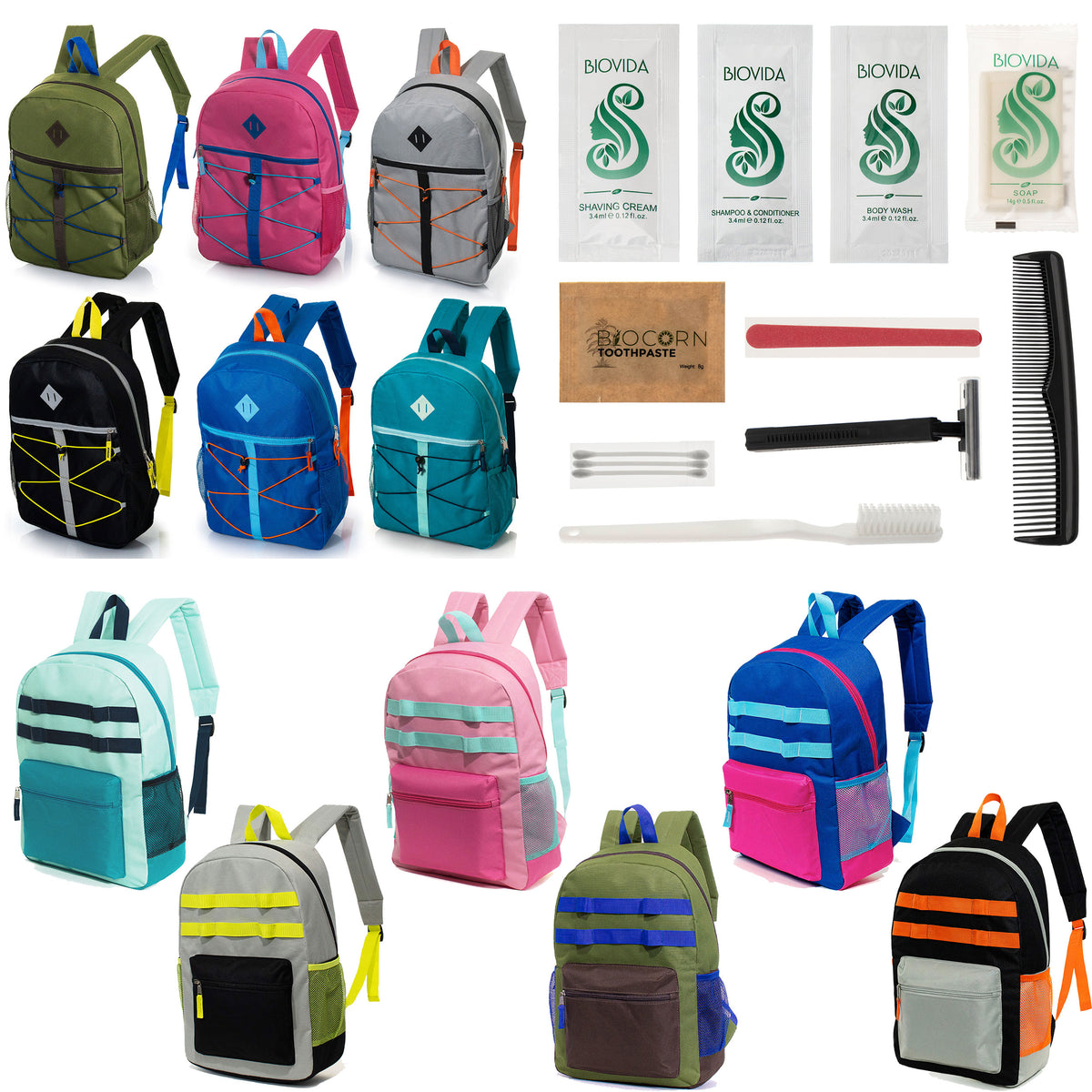 12 Bungee & Daisy Chain 17" Backpacks & Your Choice of 12 Bulk Hygiene Kits - Wholesale Care Package: Homeless, Emergency, Charity