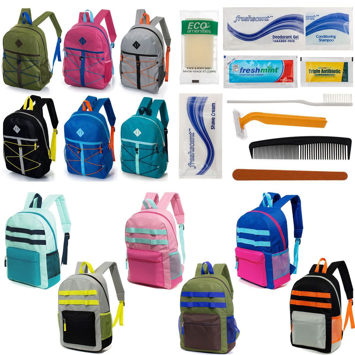 12 Bungee & Daisy Chain 17" Backpacks & Your Choice of 12 Bulk Hygiene Kits - Wholesale Care Package: Homeless, Emergency, Charity