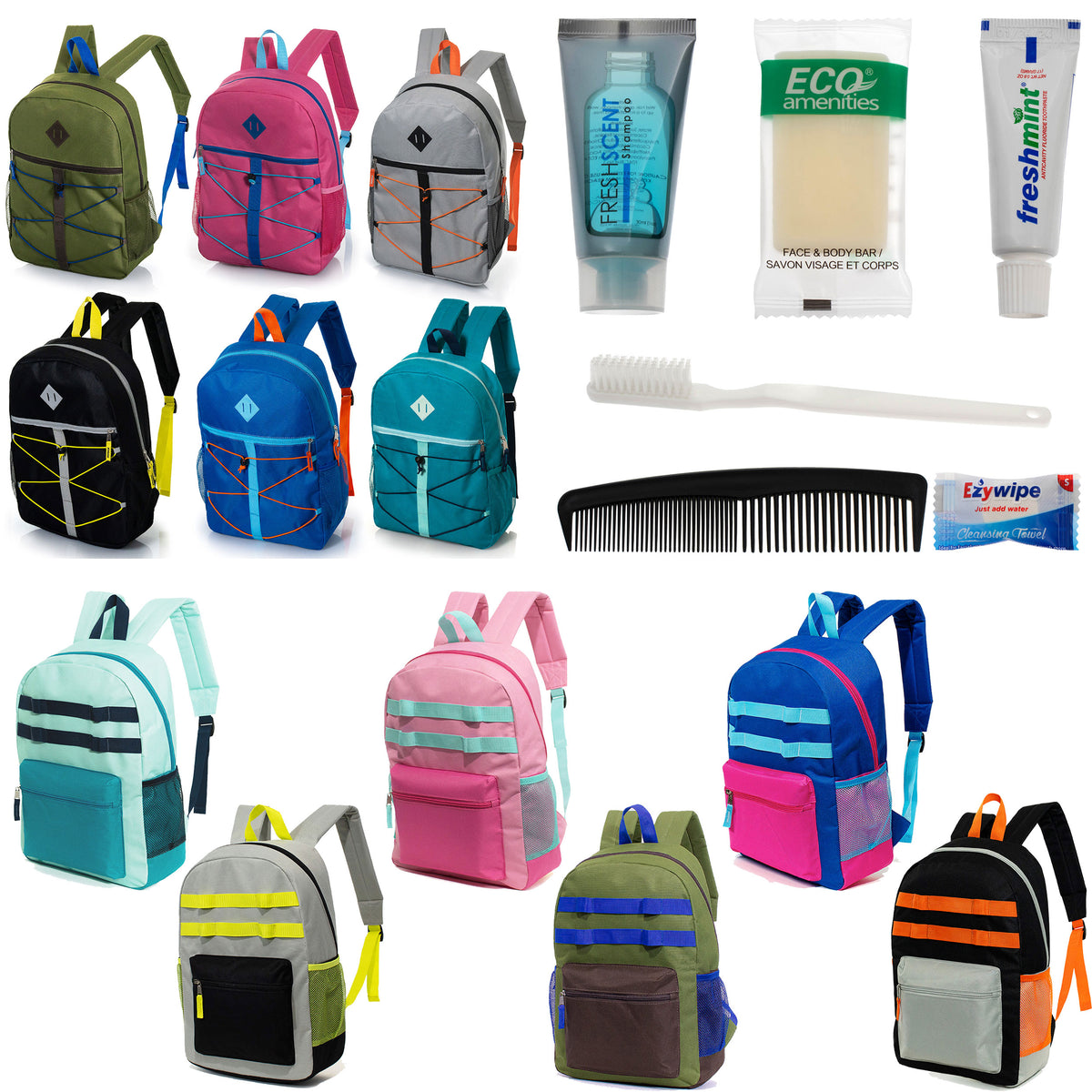 12 Bungee & Daisy Chain 17" Backpacks & Your Choice of 12 Bulk Hygiene Kits - Wholesale Care Package: Homeless, Emergency, Charity