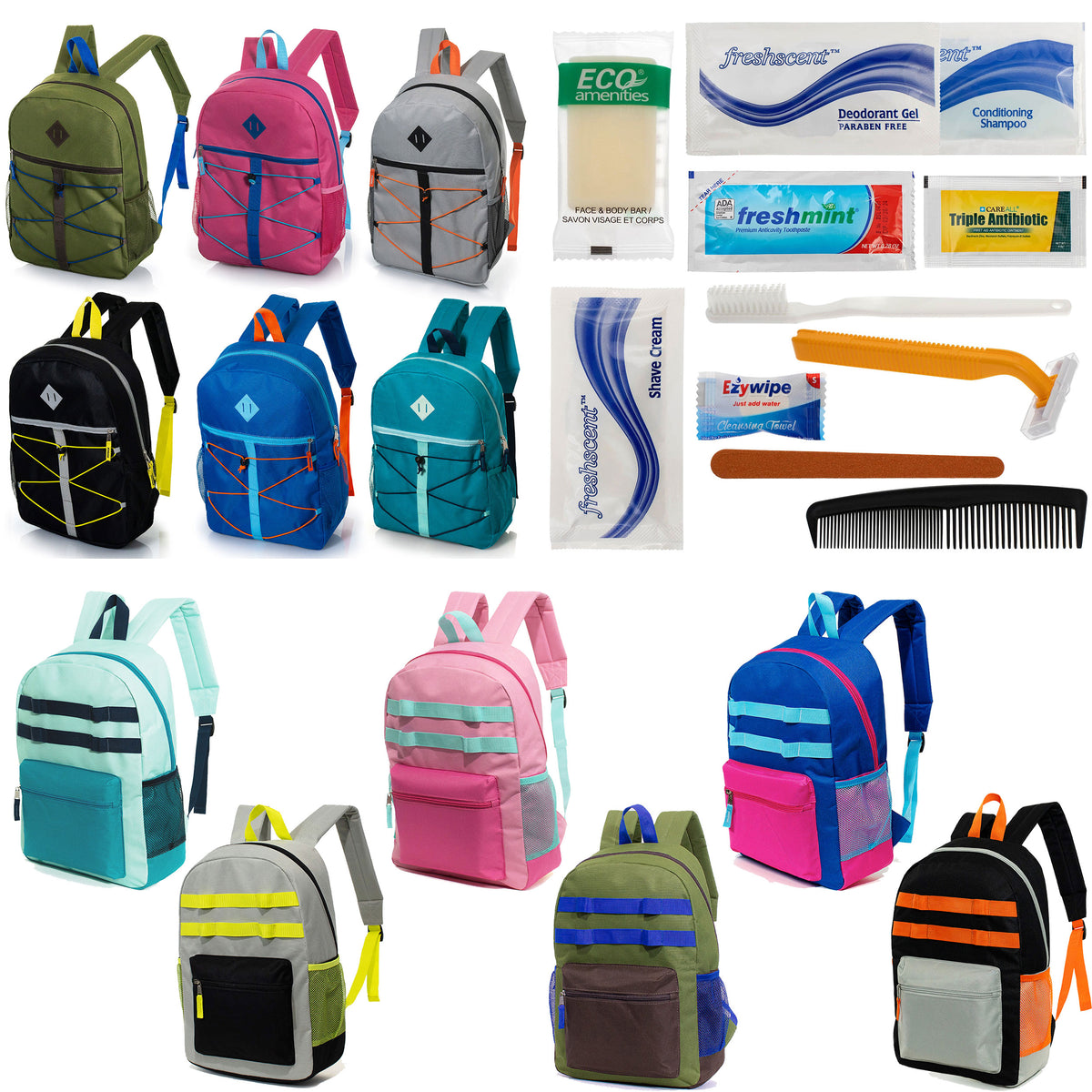 12 Bungee & Daisy Chain 17" Backpacks & Your Choice of 12 Bulk Hygiene Kits - Wholesale Care Package: Homeless, Emergency, Charity