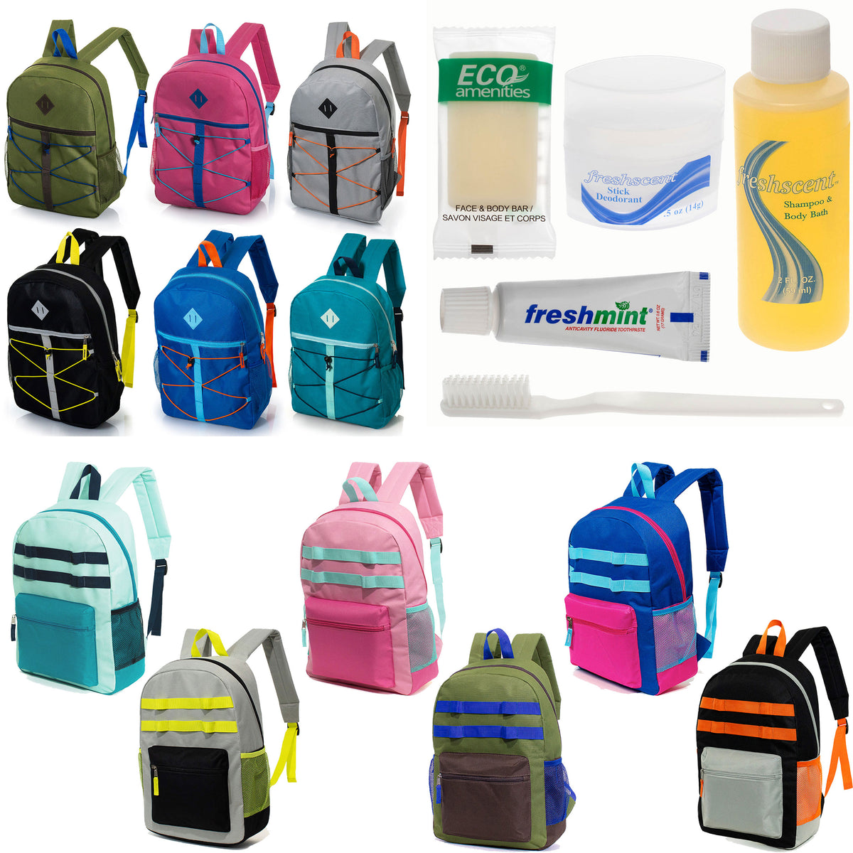 12 Bungee & Daisy Chain 17" Backpacks & Your Choice of 12 Bulk Hygiene Kits - Wholesale Care Package: Homeless, Emergency, Charity