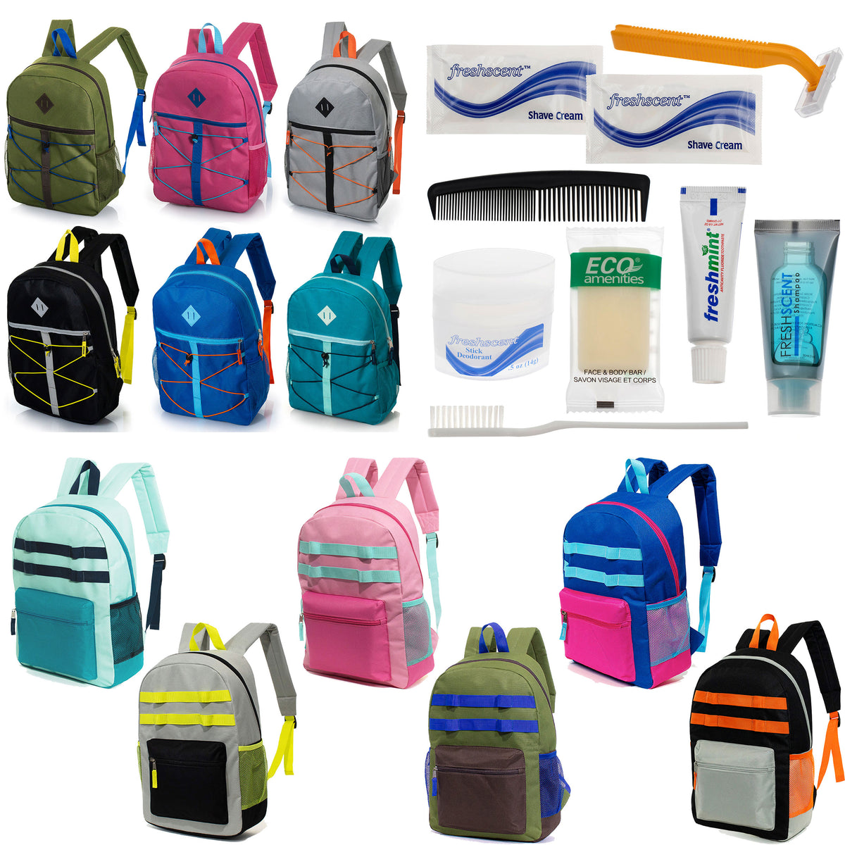 12 Bungee & Daisy Chain 17" Backpacks & Your Choice of 12 Bulk Hygiene Kits - Wholesale Care Package: Homeless, Emergency, Charity