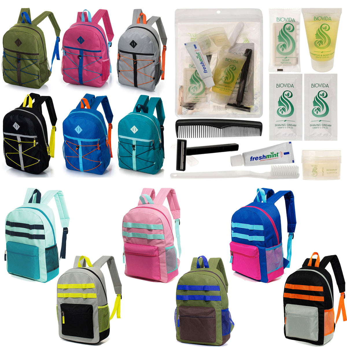 12 Bungee & Daisy Chain 17" Backpacks & Your Choice of 12 Bulk Hygiene Kits - Wholesale Care Package: Homeless, Emergency, Charity