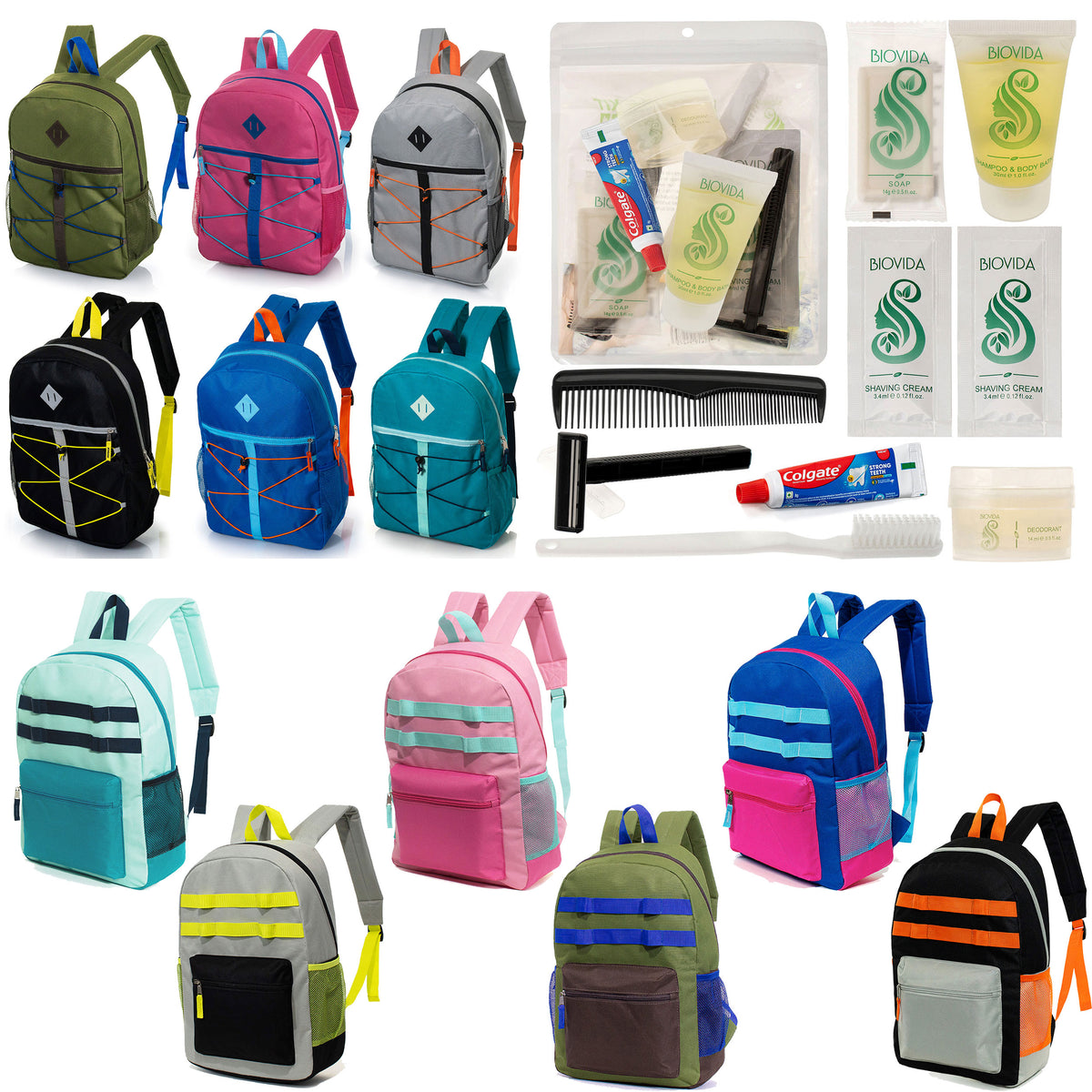 12 Bungee & Daisy Chain 17" Backpacks & Your Choice of 12 Bulk Hygiene Kits - Wholesale Care Package: Homeless, Emergency, Charity