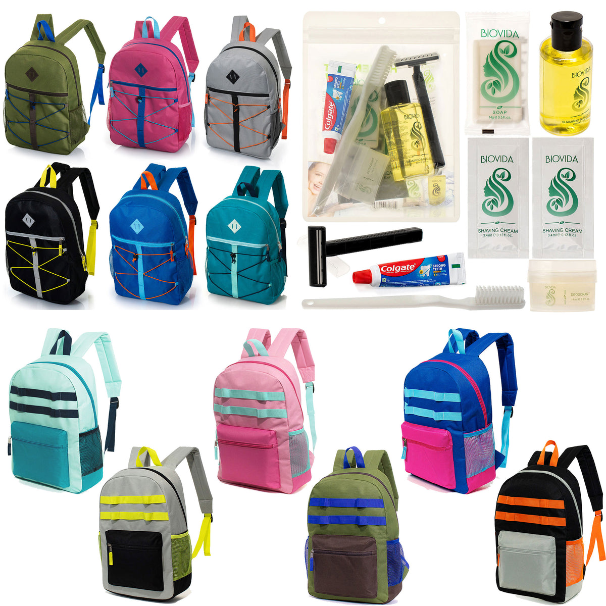 12 Bungee & Daisy Chain 17" Backpacks & Your Choice of 12 Bulk Hygiene Kits - Wholesale Care Package: Homeless, Emergency, Charity