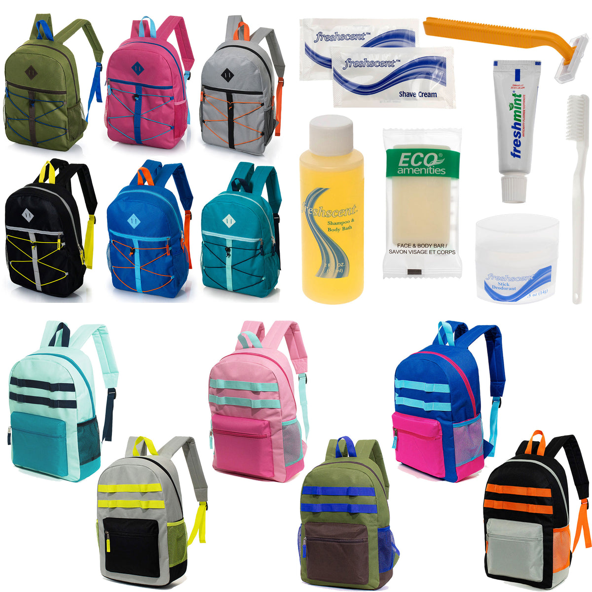 12 Bungee & Daisy Chain 17" Backpacks & Your Choice of 12 Bulk Hygiene Kits - Wholesale Care Package: Homeless, Emergency, Charity
