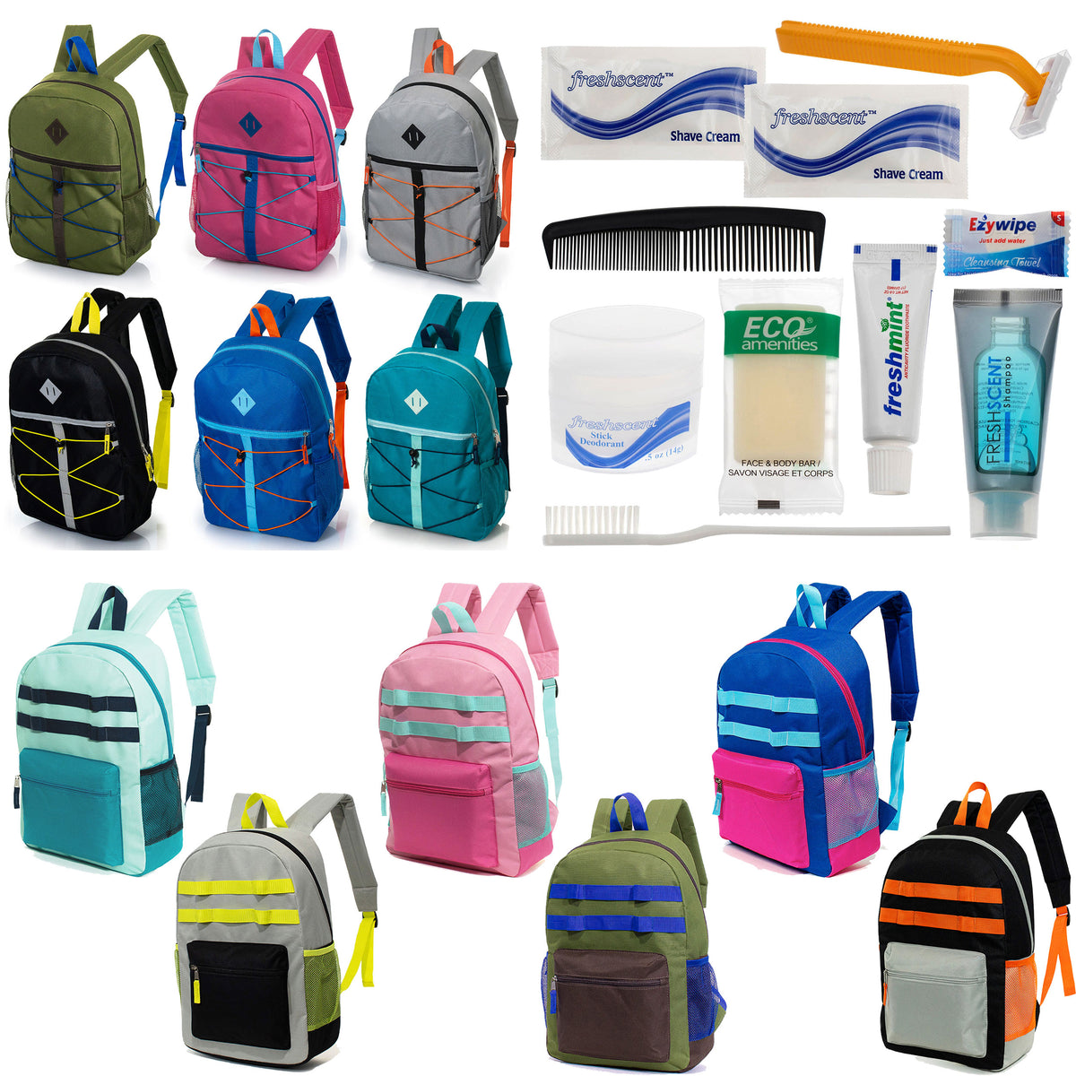 12 Bungee & Daisy Chain 17" Backpacks & Your Choice of 12 Bulk Hygiene Kits - Wholesale Care Package: Homeless, Emergency, Charity