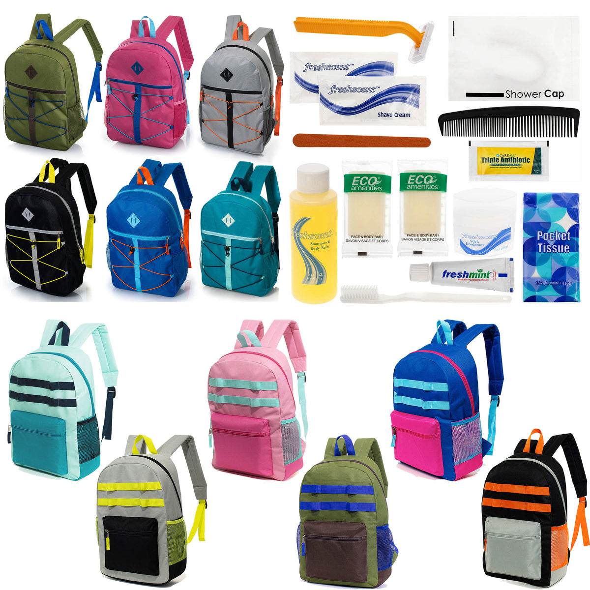 12 Bungee & Daisy Chain 17" Backpacks & Your Choice of 12 Bulk Hygiene Kits - Wholesale Care Package: Homeless, Emergency, Charity