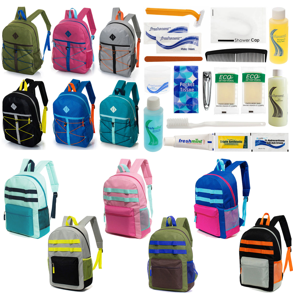 12 Bungee & Daisy Chain 17" Backpacks & Your Choice of 12 Bulk Hygiene Kits - Wholesale Care Package: Homeless, Emergency, Charity