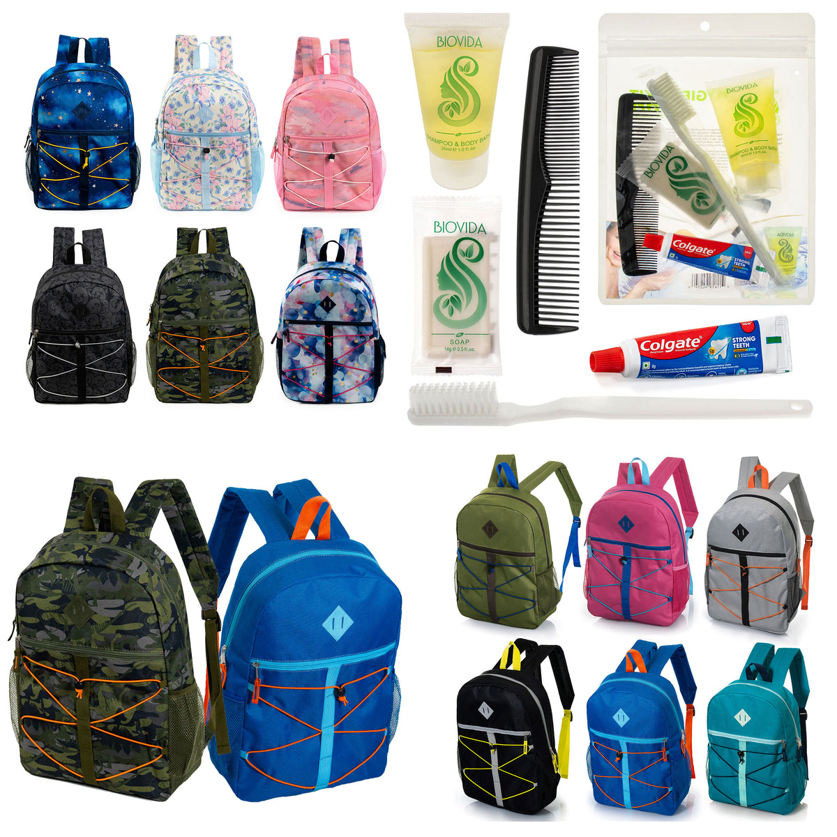 12 Bungee Cord Design 17" Backpacks & Your Choice of 12 Bulk Hygiene Kits - Wholesale Care Package: Homeless, Emergency, Charity