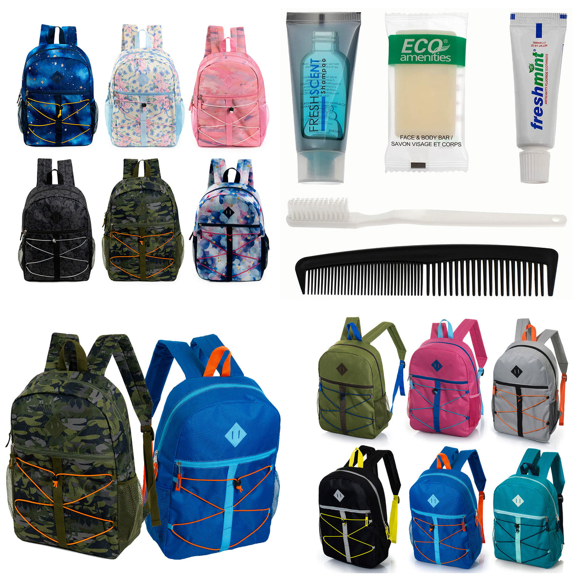 12 Bungee Cord Design 17" Backpacks & Your Choice of 12 Bulk Hygiene Kits - Wholesale Care Package: Homeless, Emergency, Charity