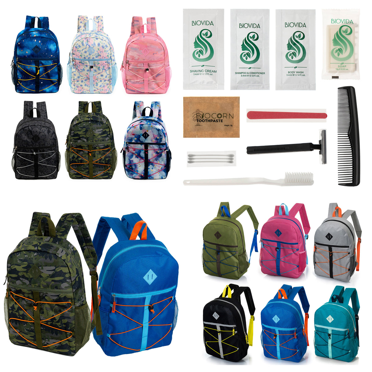 12 Bungee Cord Design 17" Backpacks & Your Choice of 12 Bulk Hygiene Kits - Wholesale Care Package: Homeless, Emergency, Charity