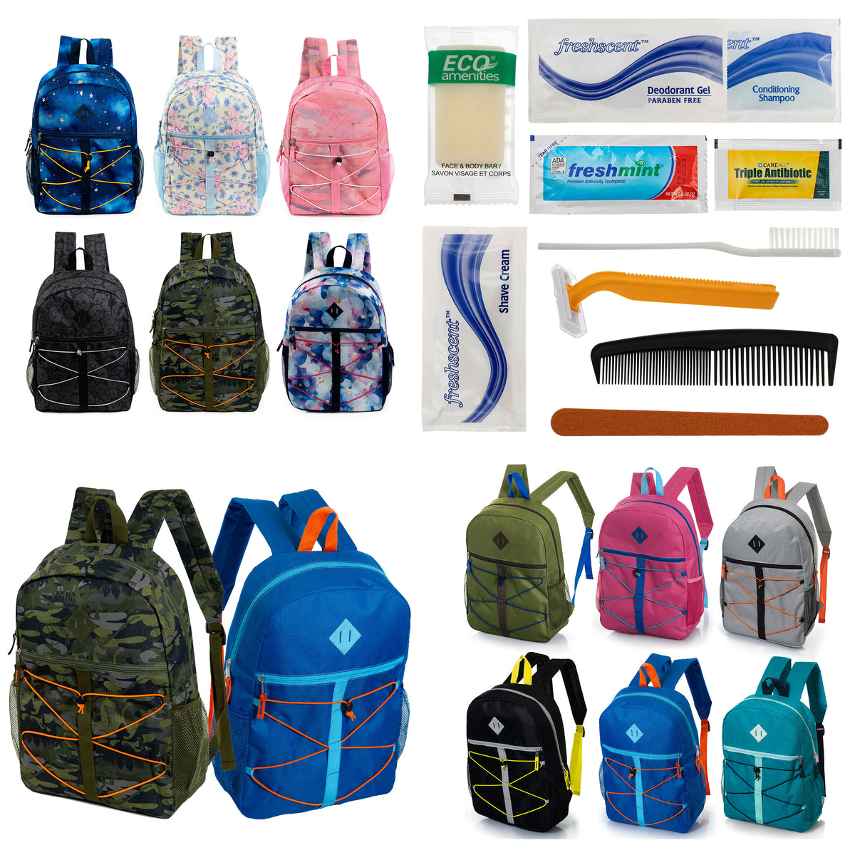 12 Bungee Cord Design 17" Backpacks & Your Choice of 12 Bulk Hygiene Kits - Wholesale Care Package: Homeless, Emergency, Charity