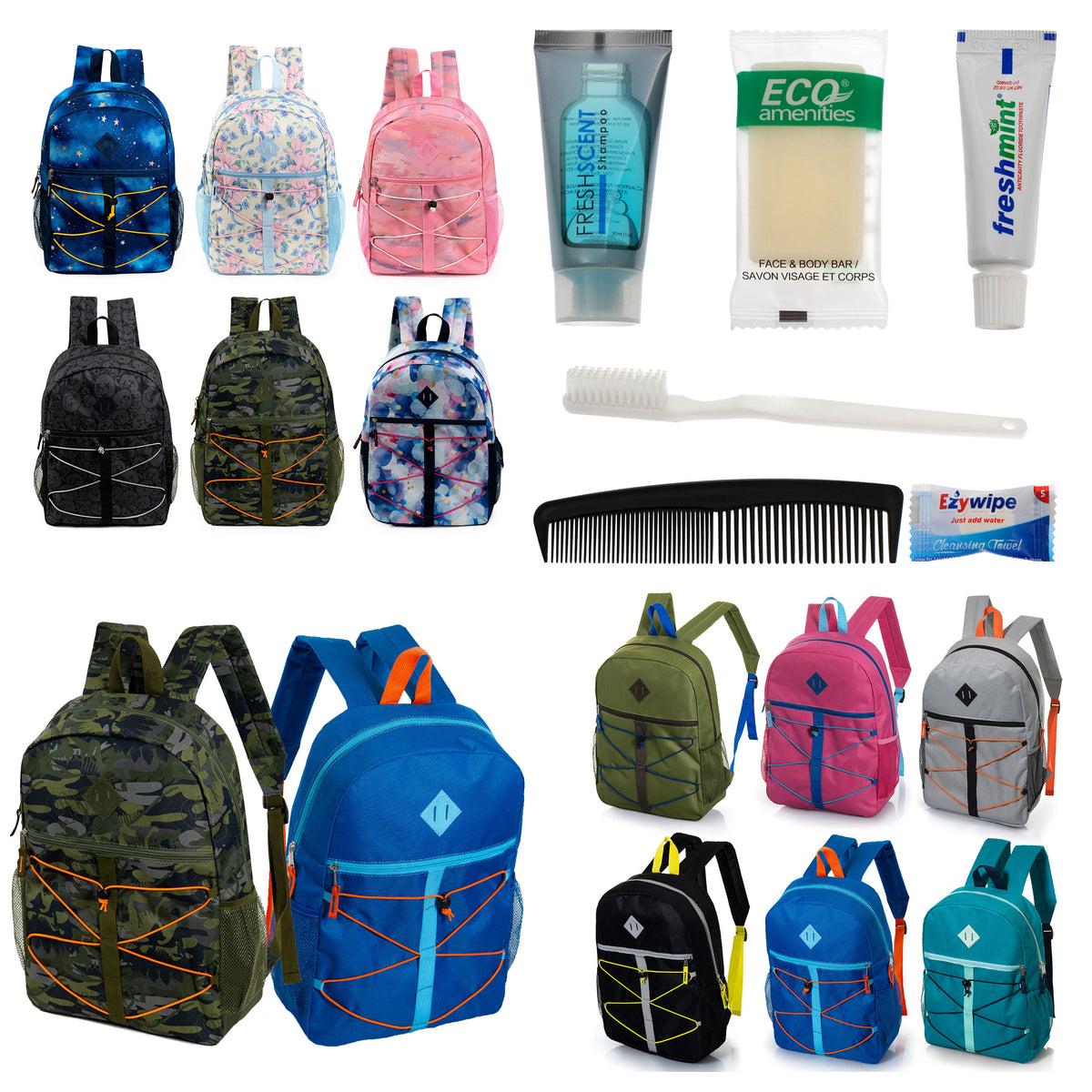 12 Bungee Cord Design 17" Backpacks & Your Choice of 12 Bulk Hygiene Kits - Wholesale Care Package: Homeless, Emergency, Charity
