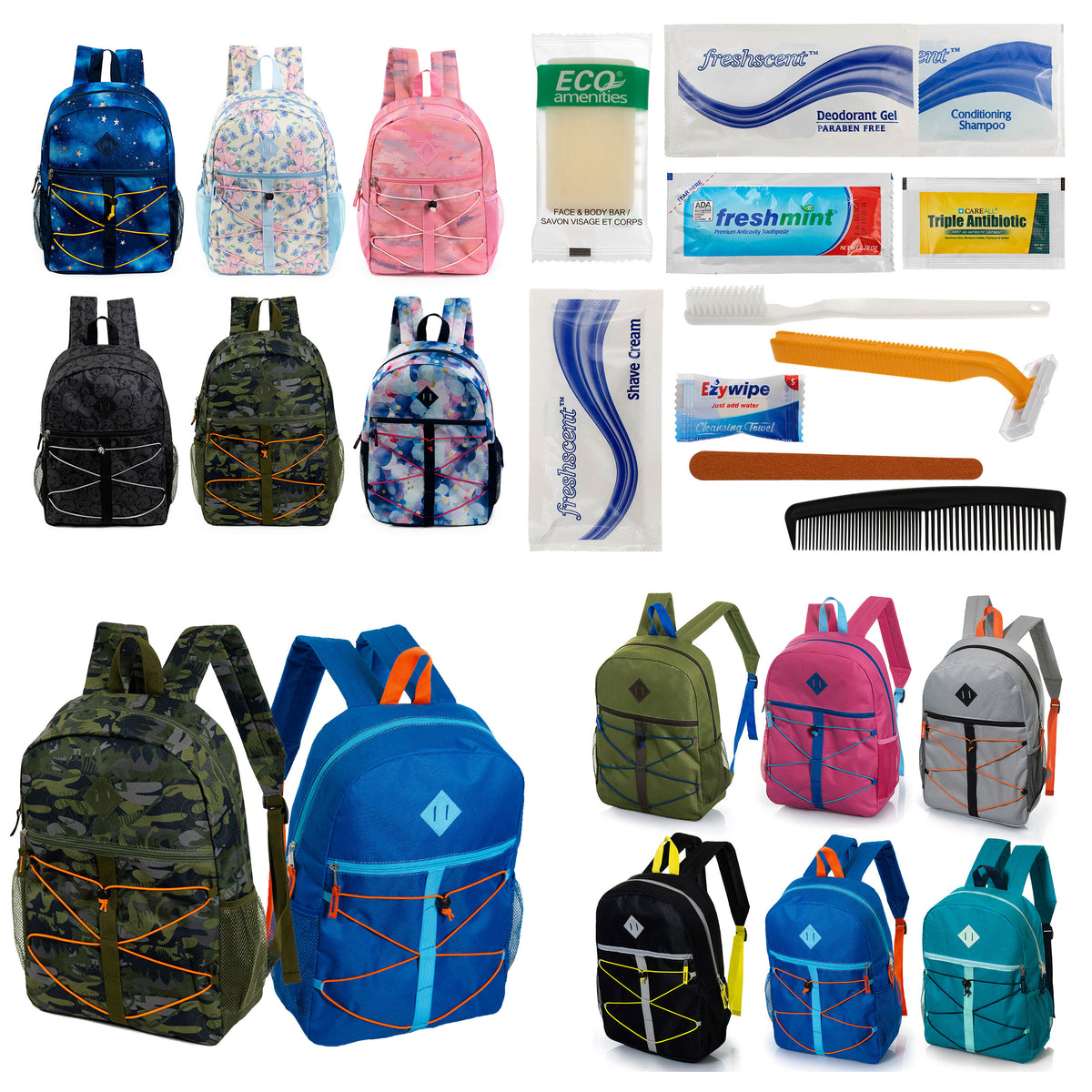 12 Bungee Cord Design 17" Backpacks & Your Choice of 12 Bulk Hygiene Kits - Wholesale Care Package: Homeless, Emergency, Charity
