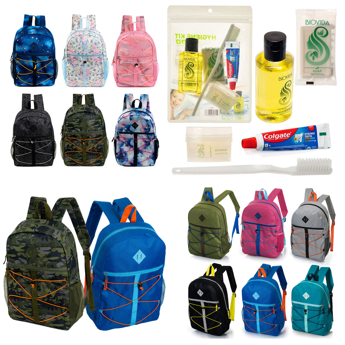 12 Bungee Cord Design 17" Backpacks & Your Choice of 12 Bulk Hygiene Kits - Wholesale Care Package: Homeless, Emergency, Charity