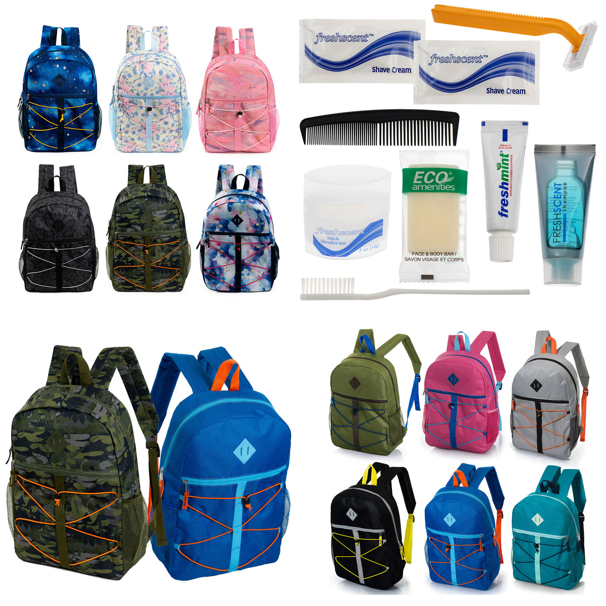 12 Bungee Cord Design 17" Backpacks & Your Choice of 12 Bulk Hygiene Kits - Wholesale Care Package: Homeless, Emergency, Charity