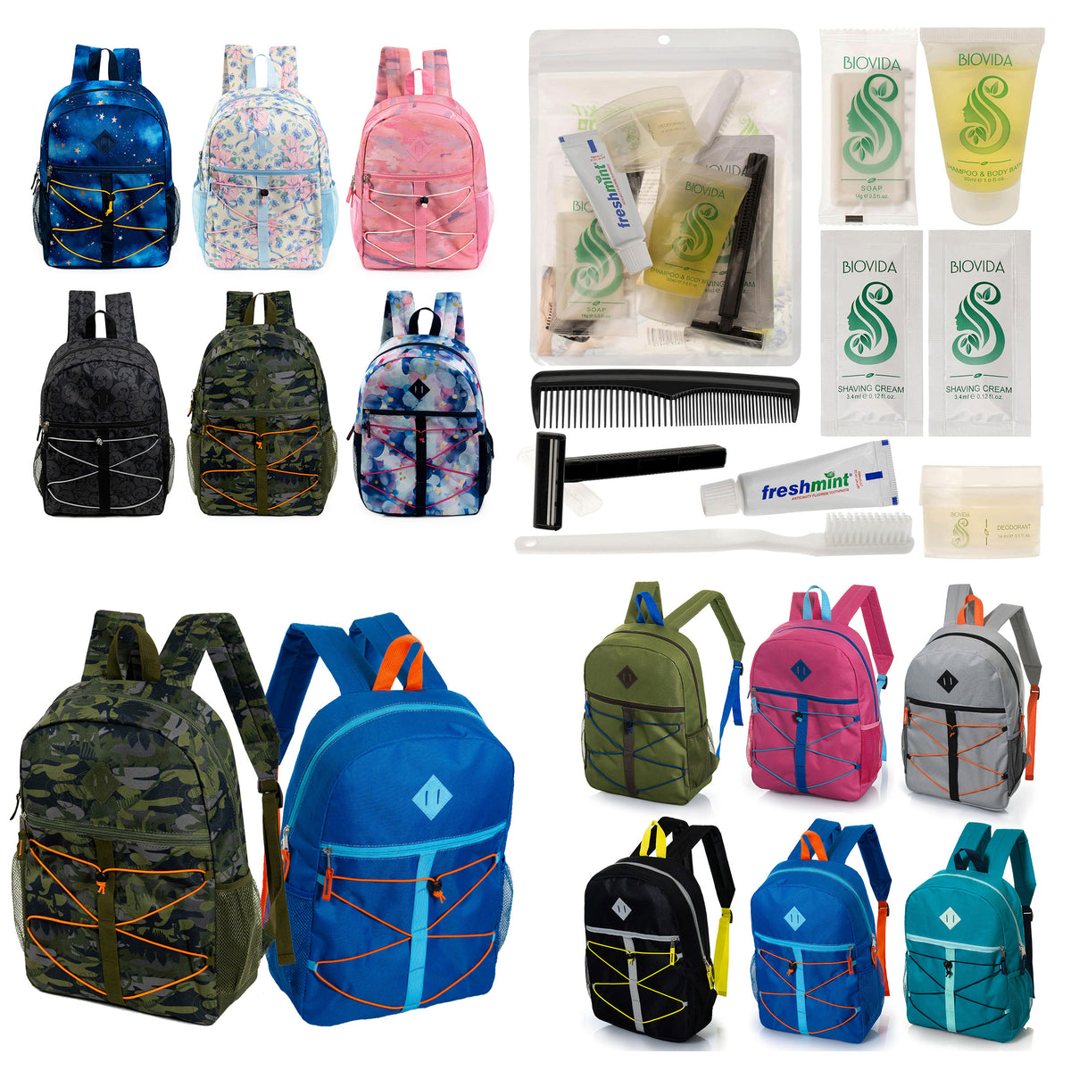 12 Bungee Cord Design 17" Backpacks & Your Choice of 12 Bulk Hygiene Kits - Wholesale Care Package: Homeless, Emergency, Charity