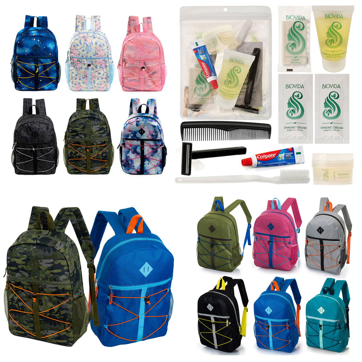 12 Bungee Cord Design 17" Backpacks & Your Choice of 12 Bulk Hygiene Kits - Wholesale Care Package: Homeless, Emergency, Charity