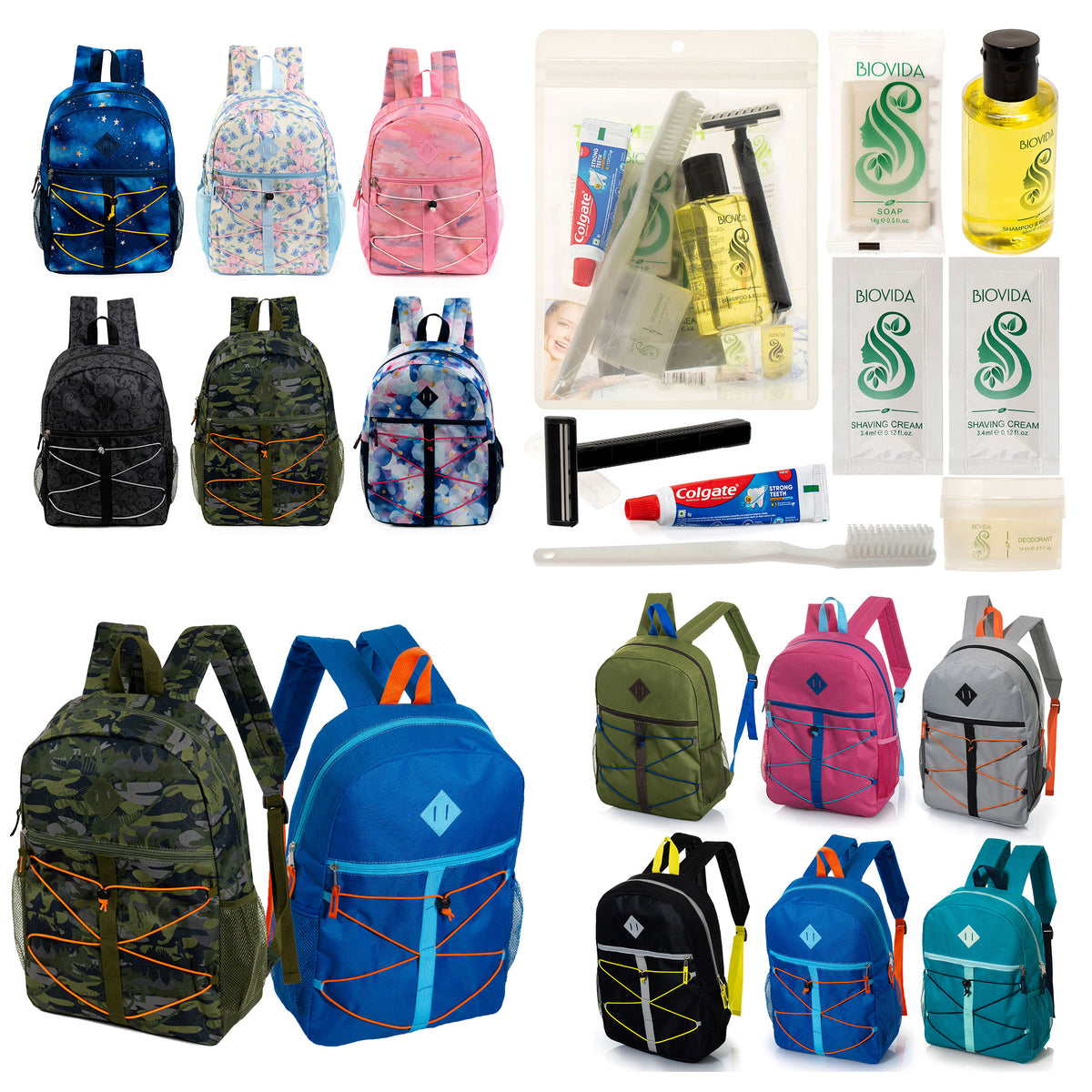 12 Bungee Cord Design 17" Backpacks & Your Choice of 12 Bulk Hygiene Kits - Wholesale Care Package: Homeless, Emergency, Charity