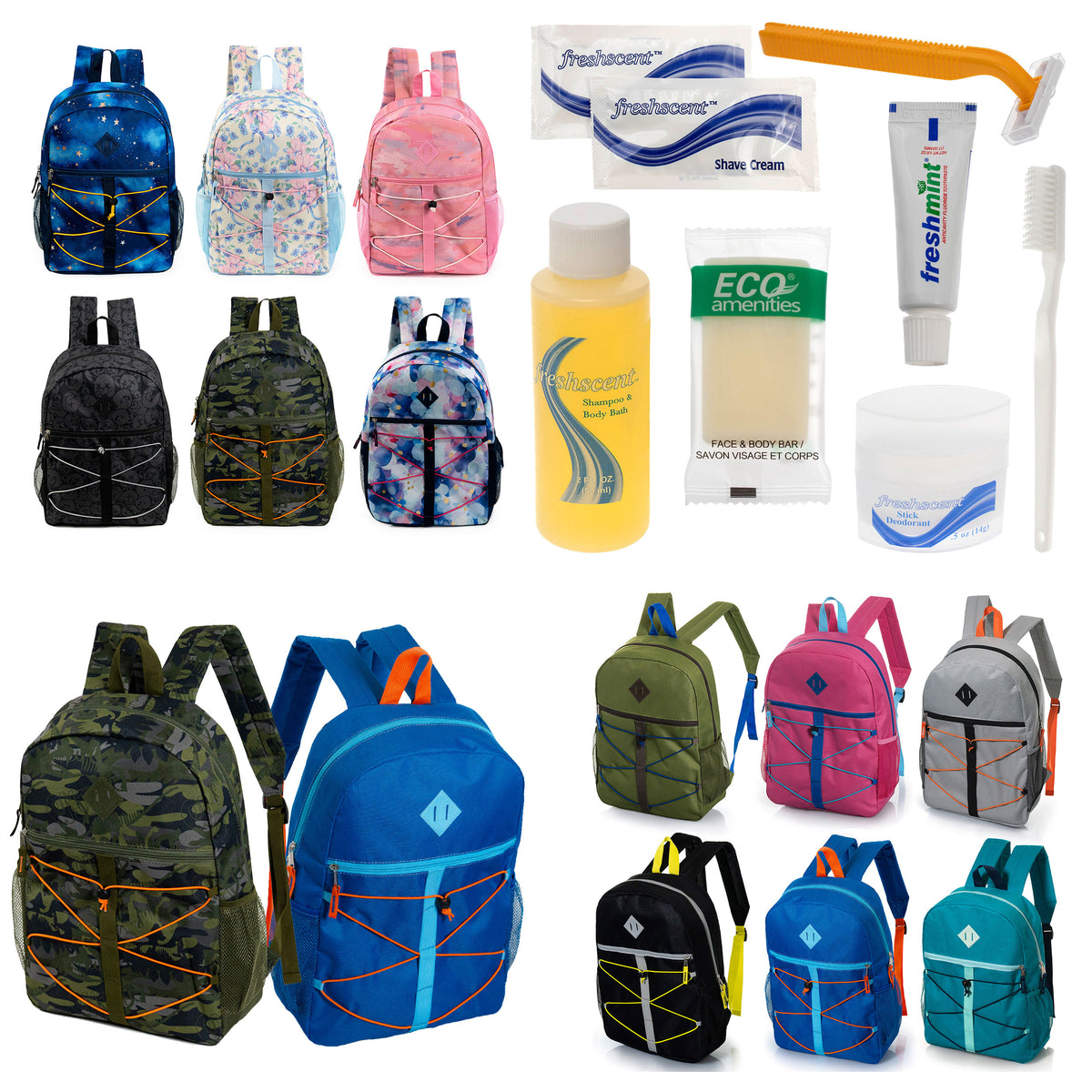12 Bungee Cord Design 17" Backpacks & Your Choice of 12 Bulk Hygiene Kits - Wholesale Care Package: Homeless, Emergency, Charity