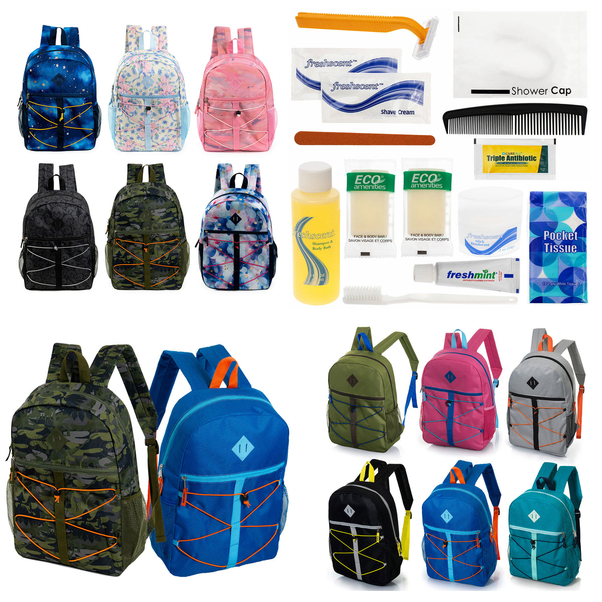 12 Bungee Cord Design 17" Backpacks & Your Choice of 12 Bulk Hygiene Kits - Wholesale Care Package: Homeless, Emergency, Charity