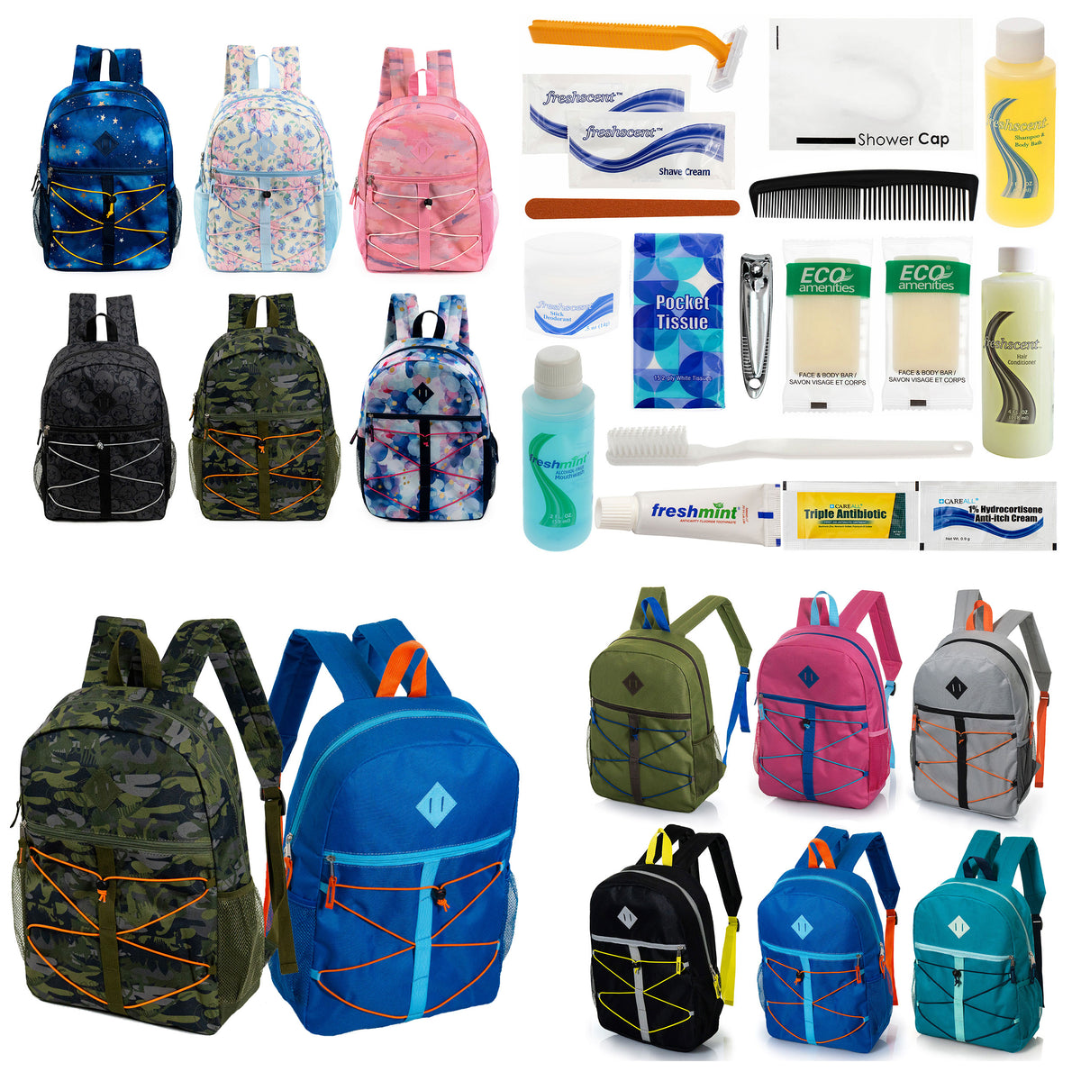 12 Bungee Cord Design 17" Backpacks & Your Choice of 12 Bulk Hygiene Kits - Wholesale Care Package: Homeless, Emergency, Charity