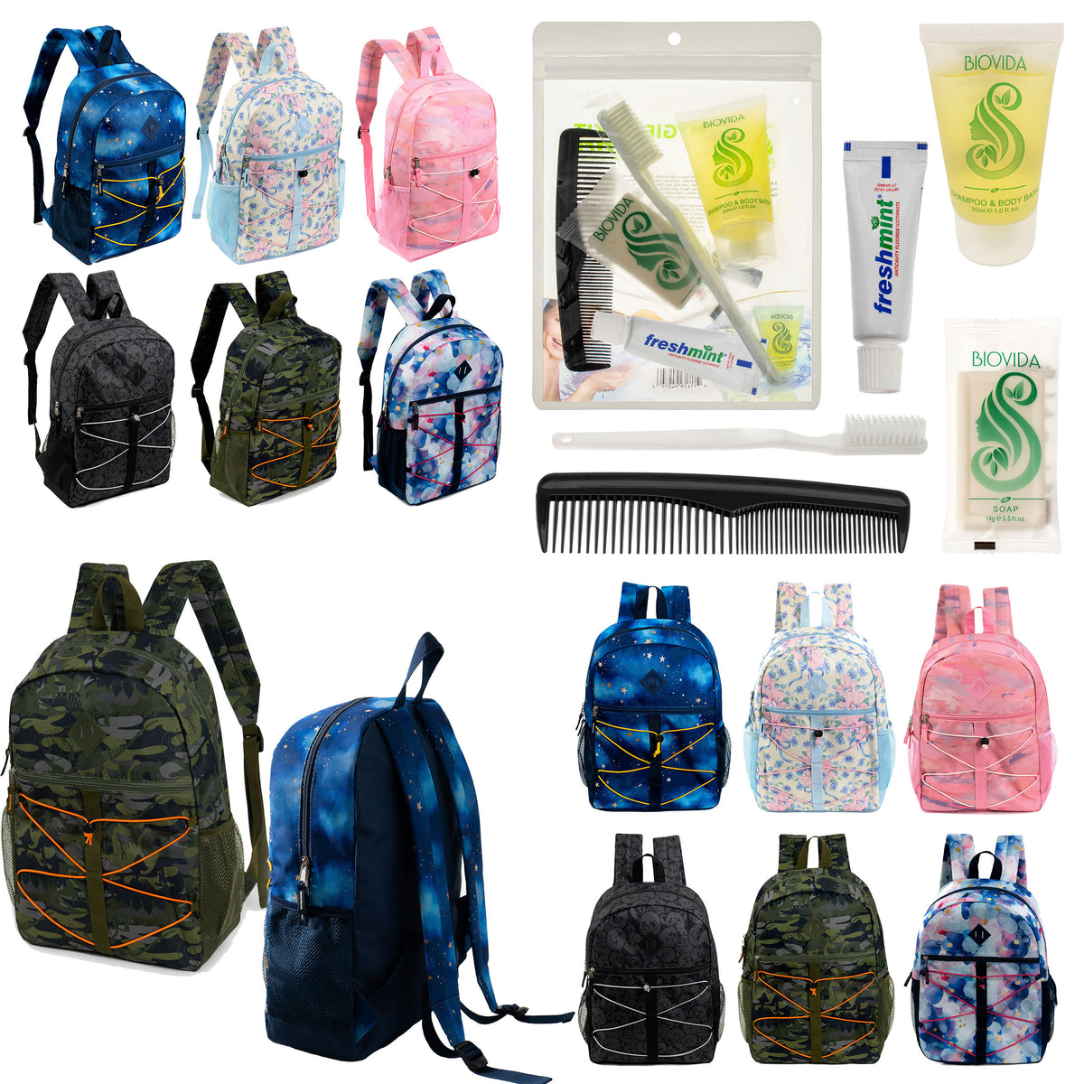12 Bungee 17" Backpacks in 6 Prints & Your Choice of 12 Bulk Hygiene Kits - Wholesale Care Package: Homeless, Emergency, Charity