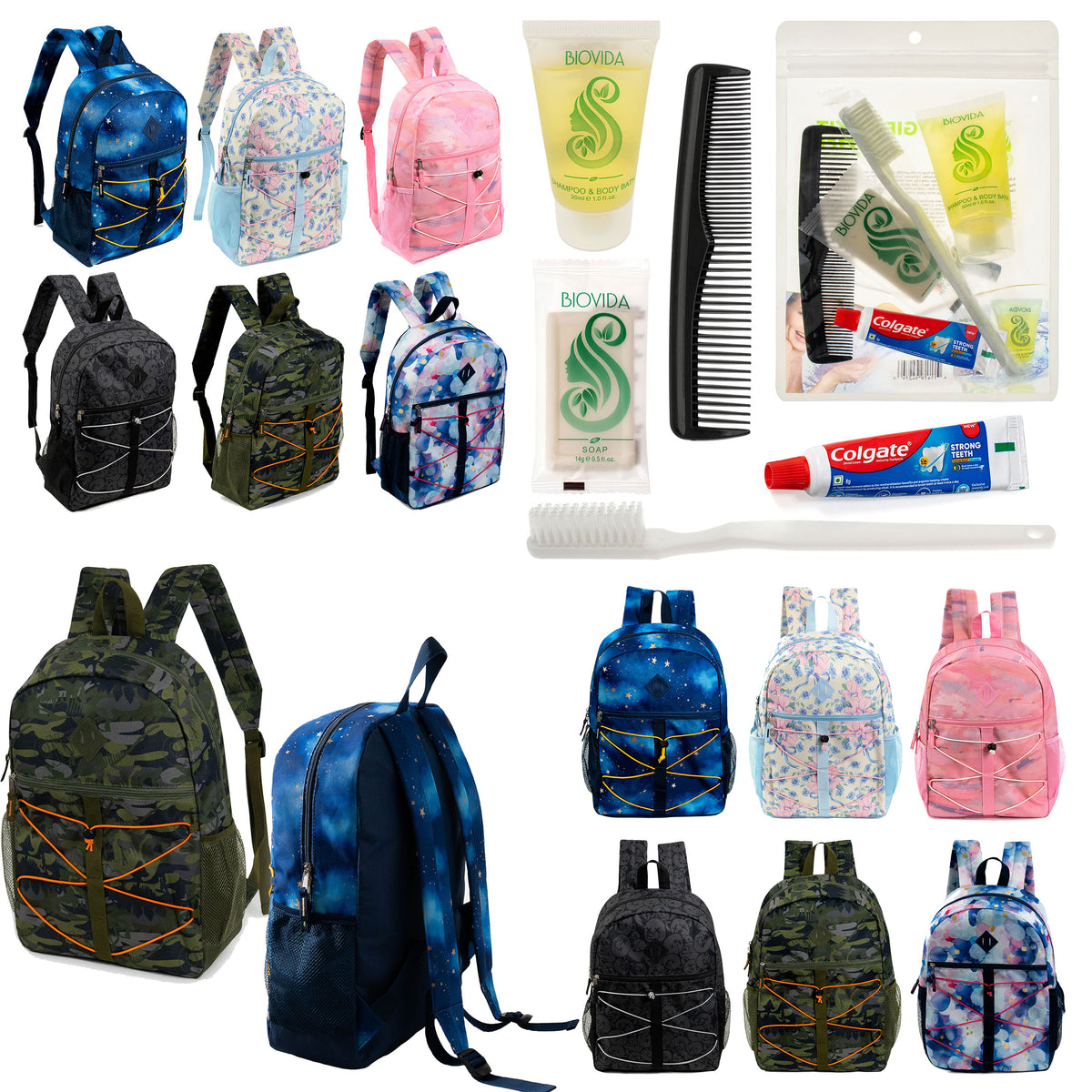 12 Bungee 17" Backpacks in 6 Prints & Your Choice of 12 Bulk Hygiene Kits - Wholesale Care Package: Homeless, Emergency, Charity