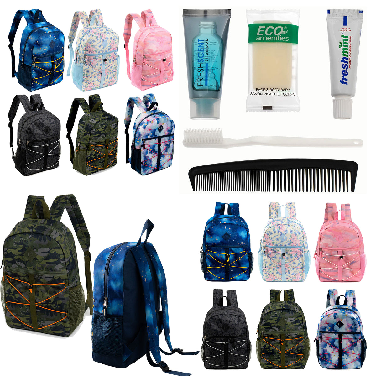 12 Bungee 17" Backpacks in 6 Prints & Your Choice of 12 Bulk Hygiene Kits - Wholesale Care Package: Homeless, Emergency, Charity