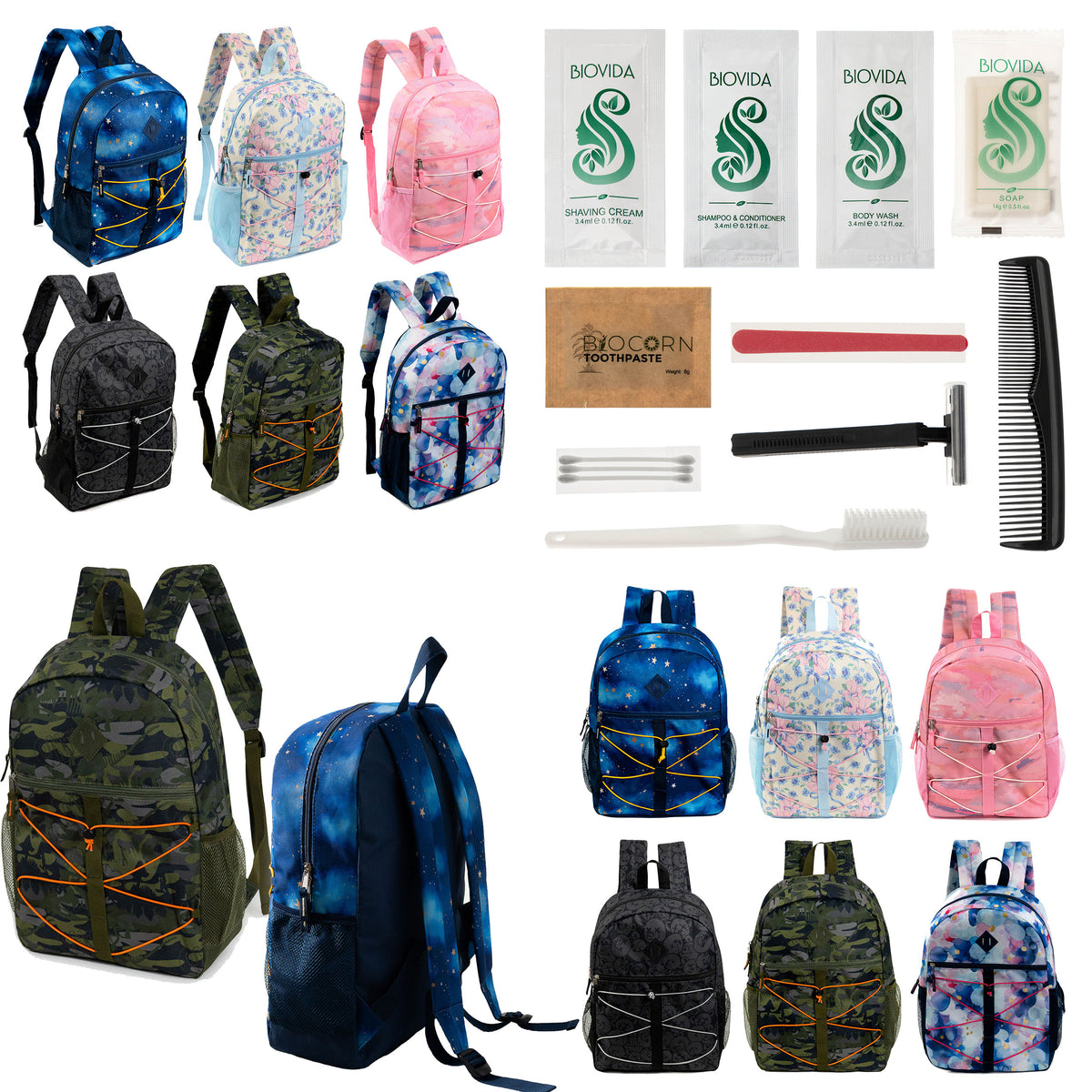 12 Bungee 17" Backpacks in 6 Prints & Your Choice of 12 Bulk Hygiene Kits - Wholesale Care Package: Homeless, Emergency, Charity