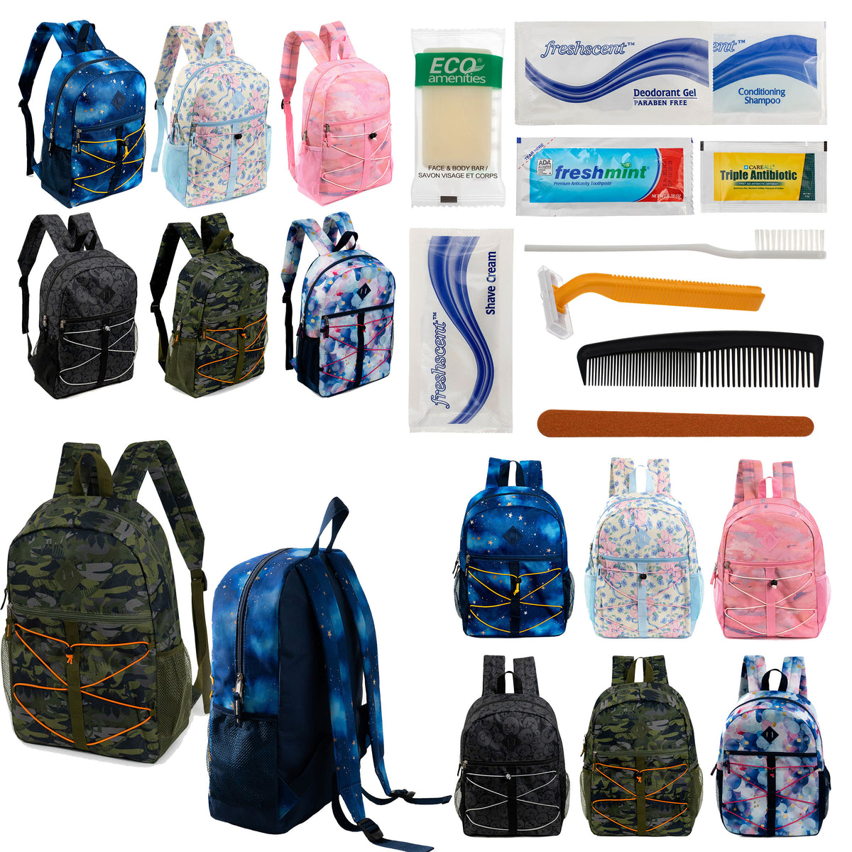 12 Bungee 17" Backpacks in 6 Prints & Your Choice of 12 Bulk Hygiene Kits - Wholesale Care Package: Homeless, Emergency, Charity