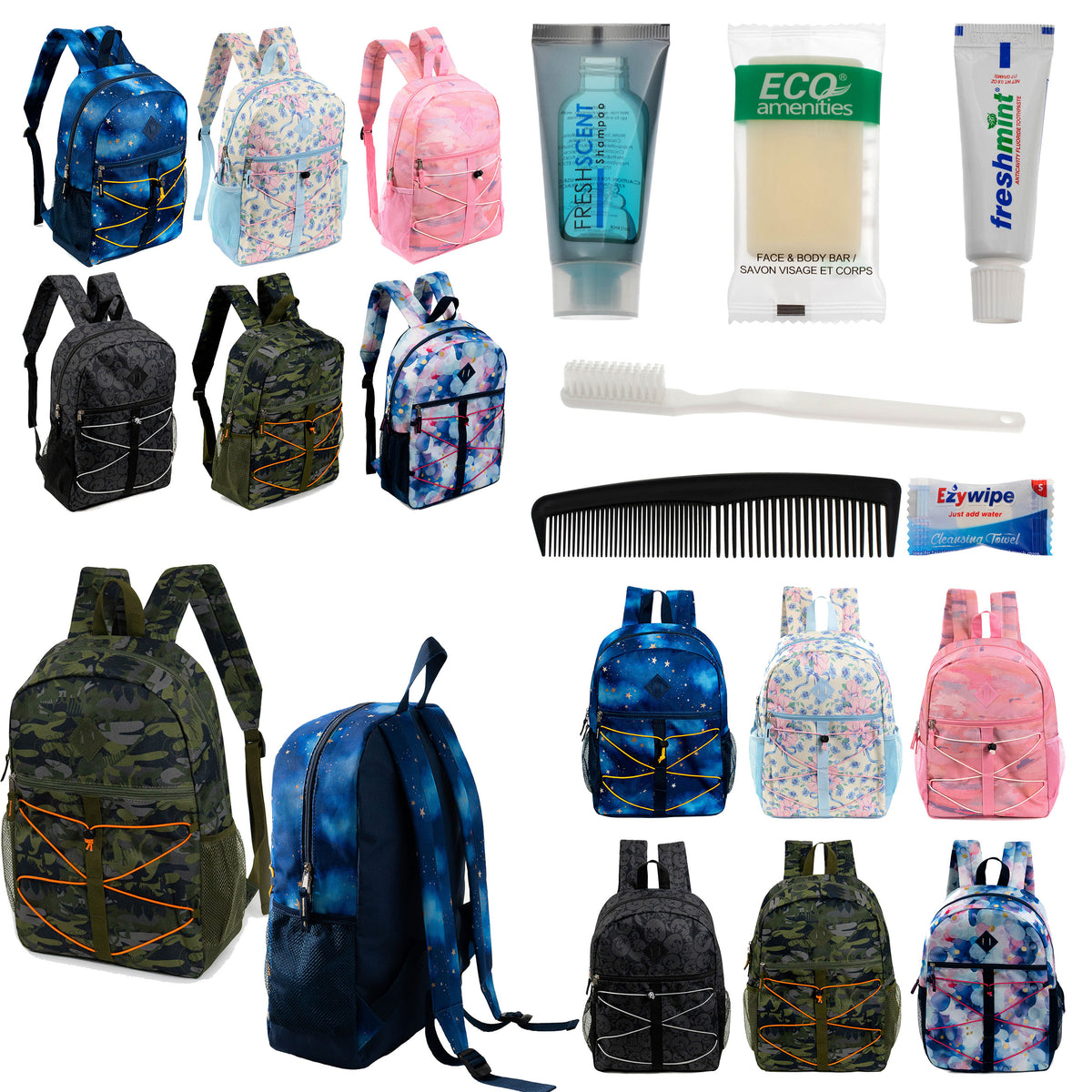 12 Bungee 17" Backpacks in 6 Prints & Your Choice of 12 Bulk Hygiene Kits - Wholesale Care Package: Homeless, Emergency, Charity