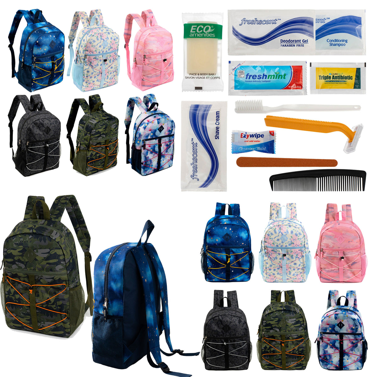 12 Bungee 17" Backpacks in 6 Prints & Your Choice of 12 Bulk Hygiene Kits - Wholesale Care Package: Homeless, Emergency, Charity