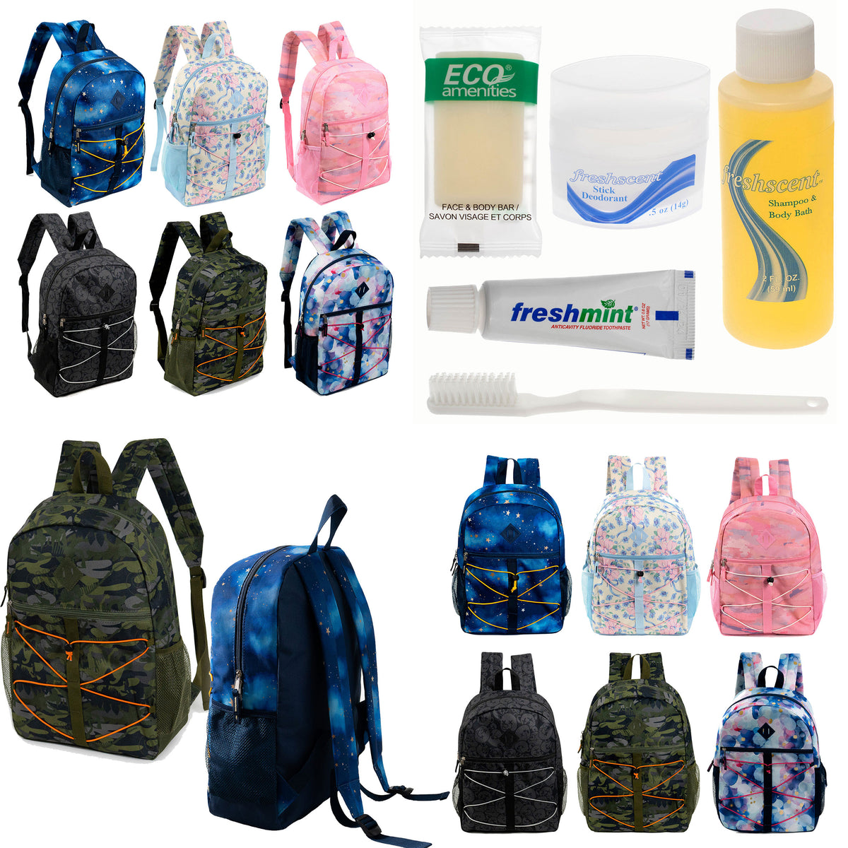 12 Bungee 17" Backpacks in 6 Prints & Your Choice of 12 Bulk Hygiene Kits - Wholesale Care Package: Homeless, Emergency, Charity