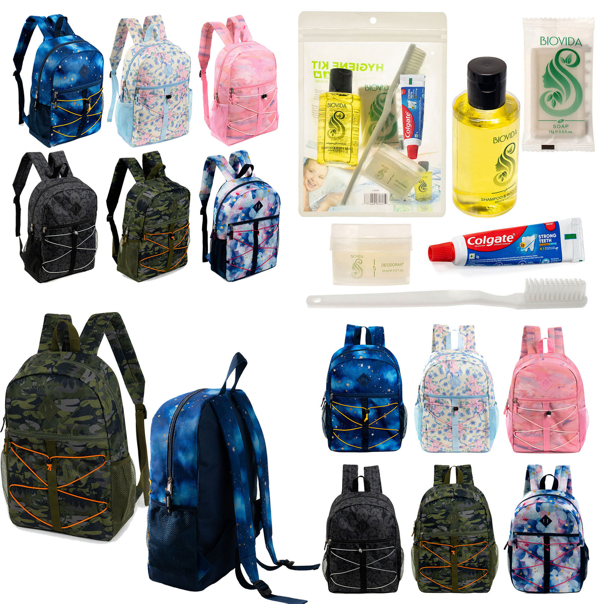 12 Bungee 17" Backpacks in 6 Prints & Your Choice of 12 Bulk Hygiene Kits - Wholesale Care Package: Homeless, Emergency, Charity