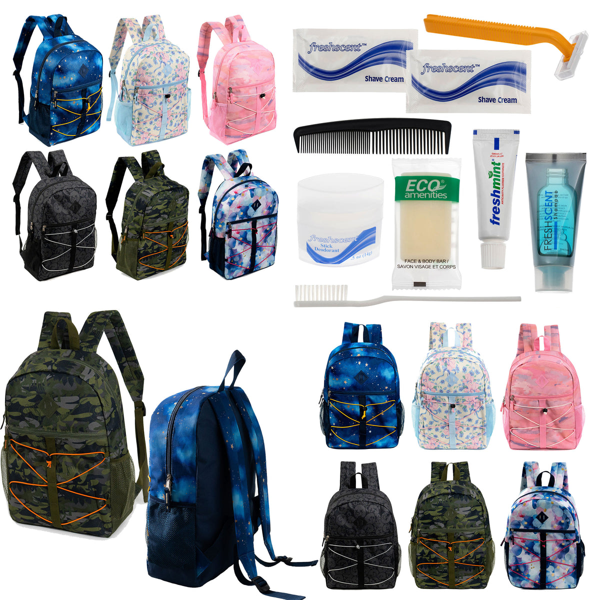 12 Bungee 17" Backpacks in 6 Prints & Your Choice of 12 Bulk Hygiene Kits - Wholesale Care Package: Homeless, Emergency, Charity