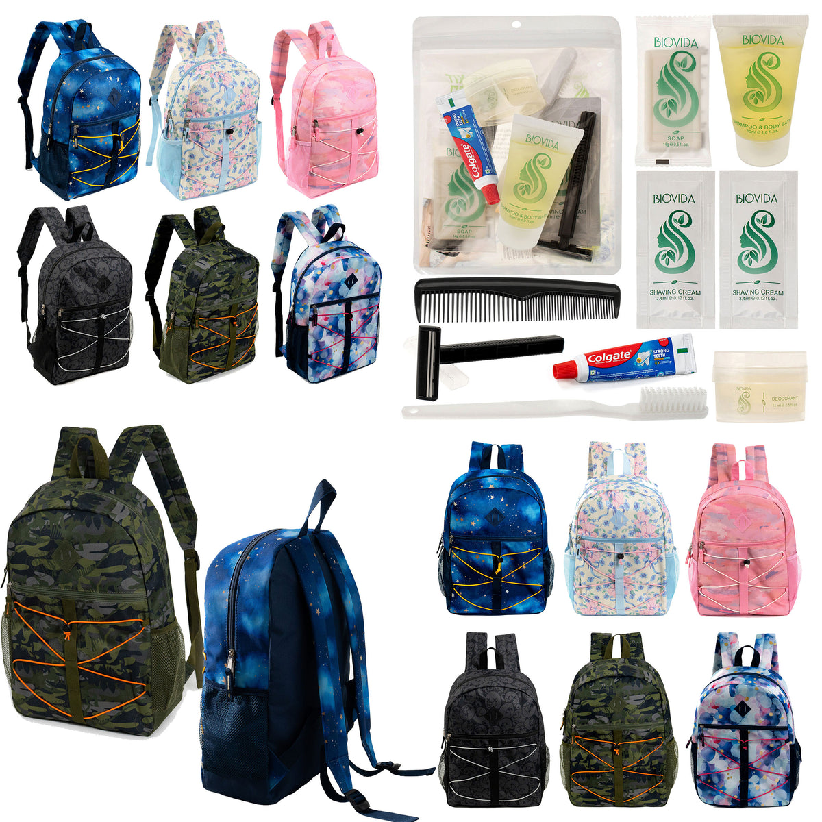 12 Bungee 17" Backpacks in 6 Prints & Your Choice of 12 Bulk Hygiene Kits - Wholesale Care Package: Homeless, Emergency, Charity