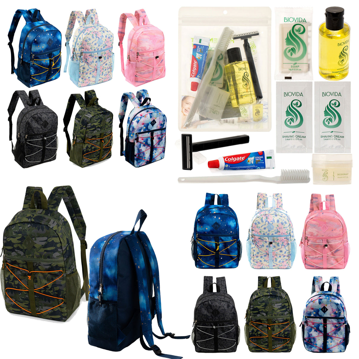 12 Bungee 17" Backpacks in 6 Prints & Your Choice of 12 Bulk Hygiene Kits - Wholesale Care Package: Homeless, Emergency, Charity