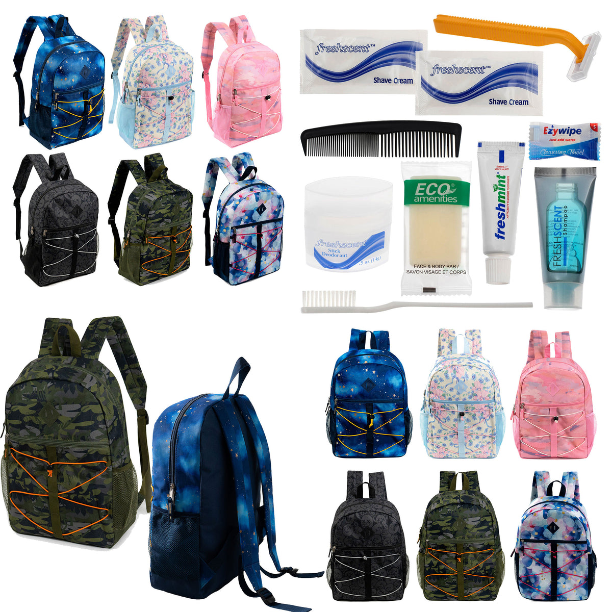 12 Bungee 17" Backpacks in 6 Prints & Your Choice of 12 Bulk Hygiene Kits - Wholesale Care Package: Homeless, Emergency, Charity