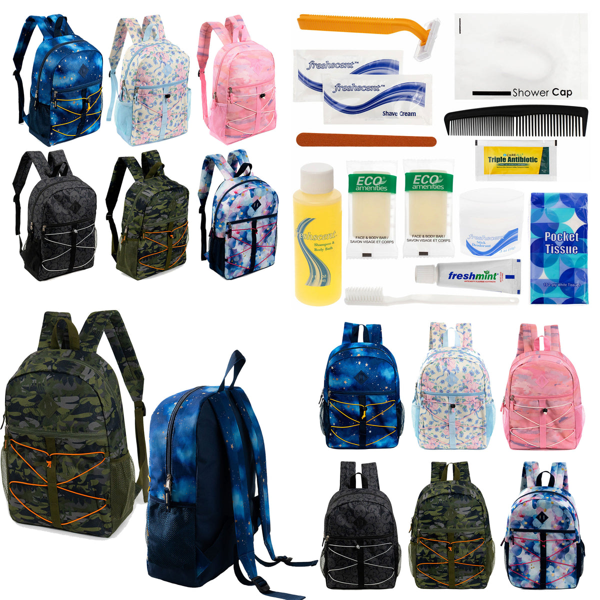 12 Bungee 17" Backpacks in 6 Prints & Your Choice of 12 Bulk Hygiene Kits - Wholesale Care Package: Homeless, Emergency, Charity