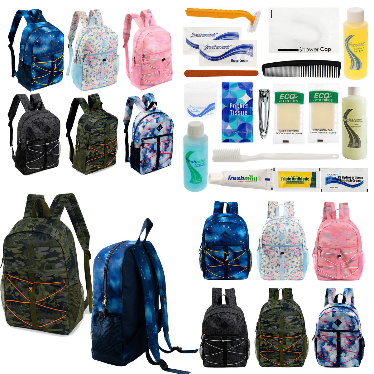 12 Bungee 17" Backpacks in 6 Prints & Your Choice of 12 Bulk Hygiene Kits - Wholesale Care Package: Homeless, Emergency, Charity